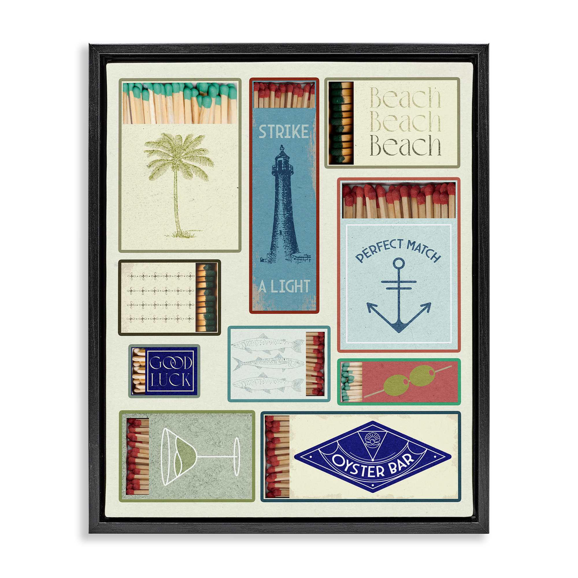 Stupell Industries BT-133-FFB-24X30 Nautical Theme Matchboxes Black Framed Floater Canvas Wall Art By Lil' Rue 25 x 31