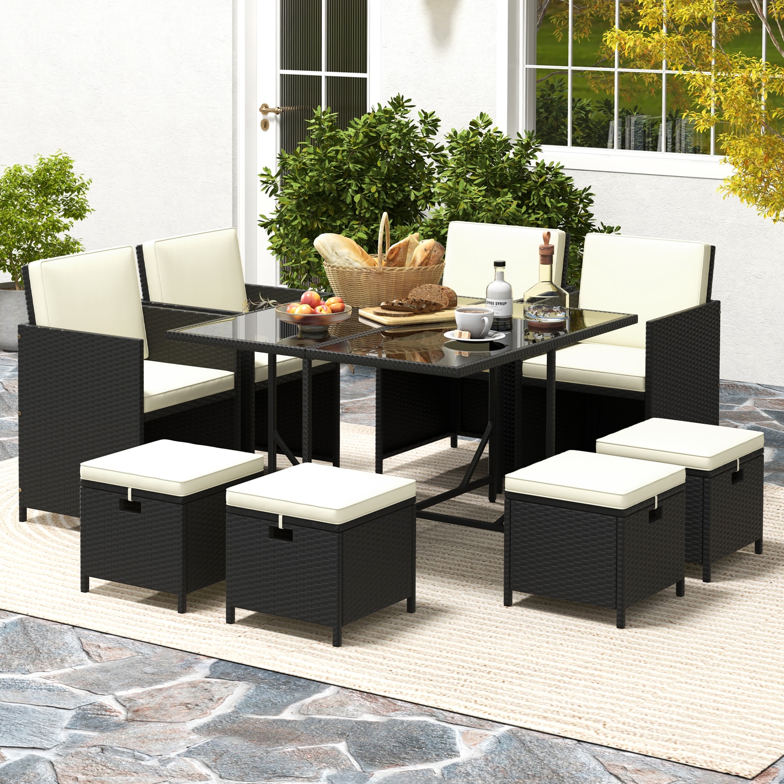 WELLFOR GIZWY247BE HY 9 -Piece Brown Rattan Patio Dining Set Rattan Rectangle Table with 4 Off-white Cushions Stationary Chairs