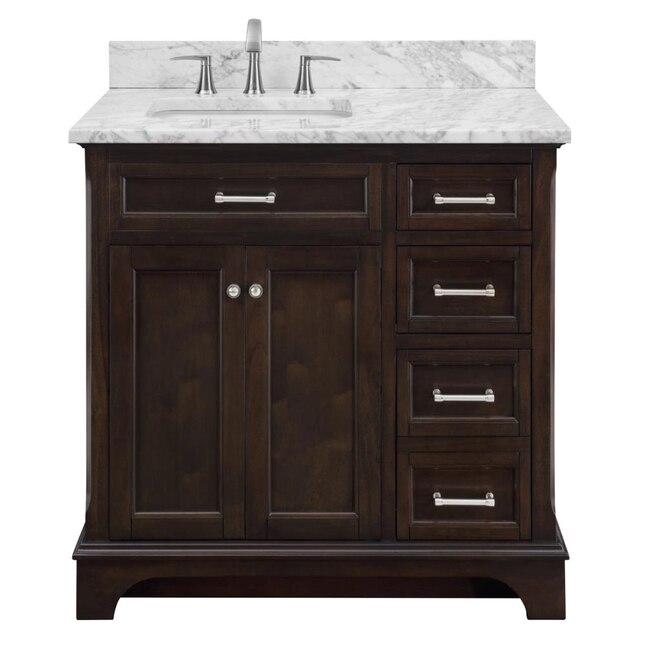 Scott Living Roveland 36-in Dark Gray Single Sink Bathroom Vanity with Natural Carrara Marble Top Scott Living Roveland 36-in Dark Gray Single Sink Bathroom Vanity with Natural Carrara Marble Top