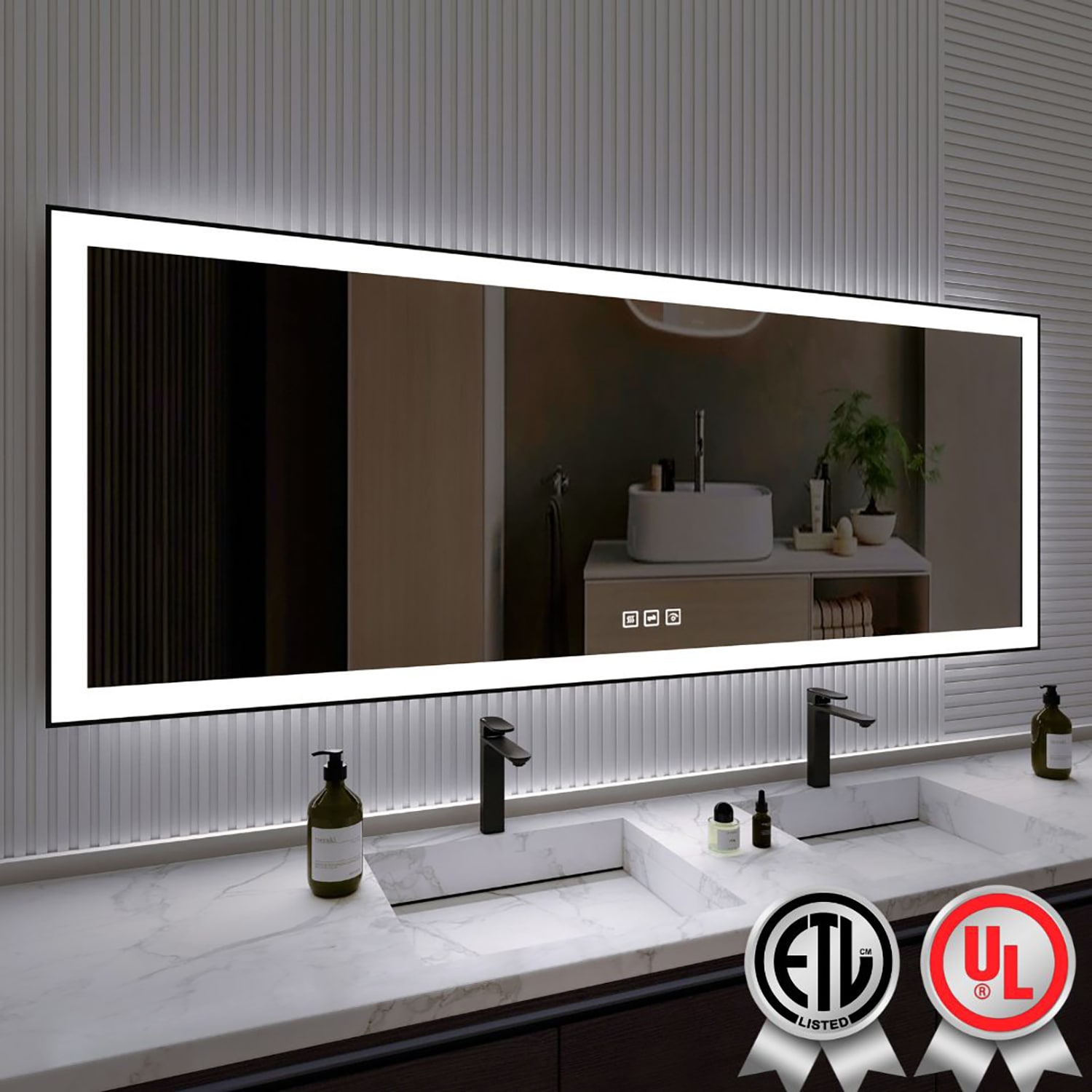 waterpar WPLO-2050 Backlit+Frontlit Aluminum 84-in x 32-in Framed Rectangle Dimmable Lighted Fog Free Bathroom Vanity Mirror ( Black )