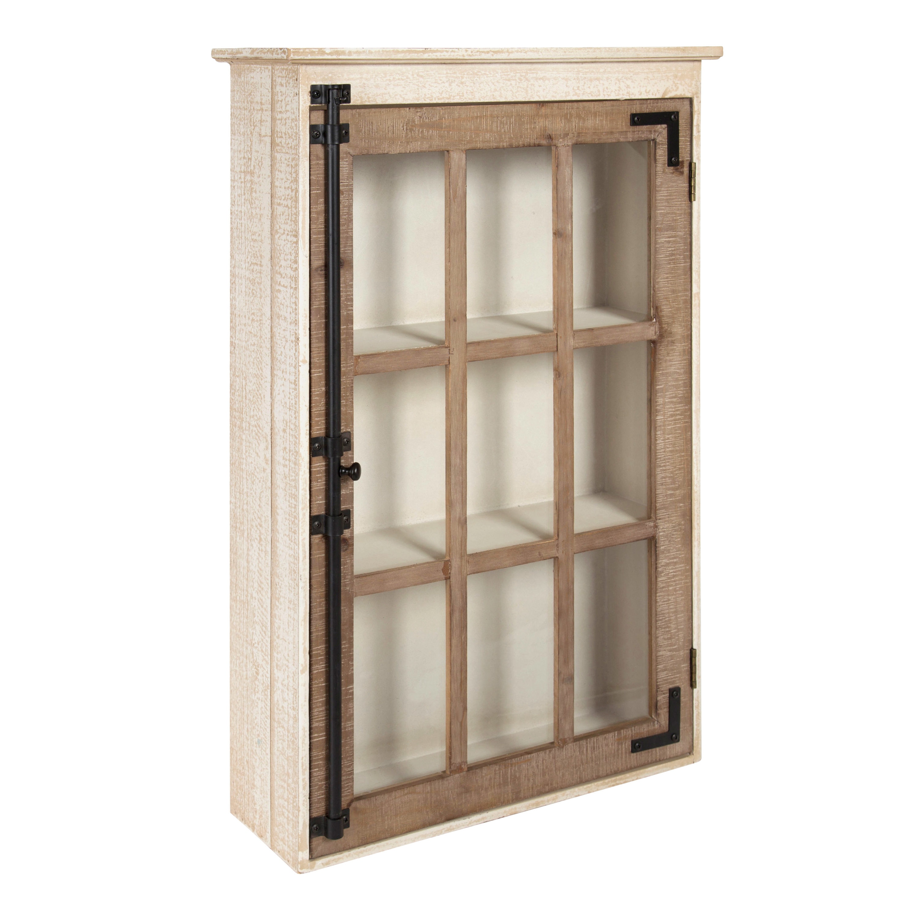 Kate And Laurel Hutchins Decorative Farmhouse Wood Wall Storage Cabinet With Window Pane Glass Door Rustic White Brown