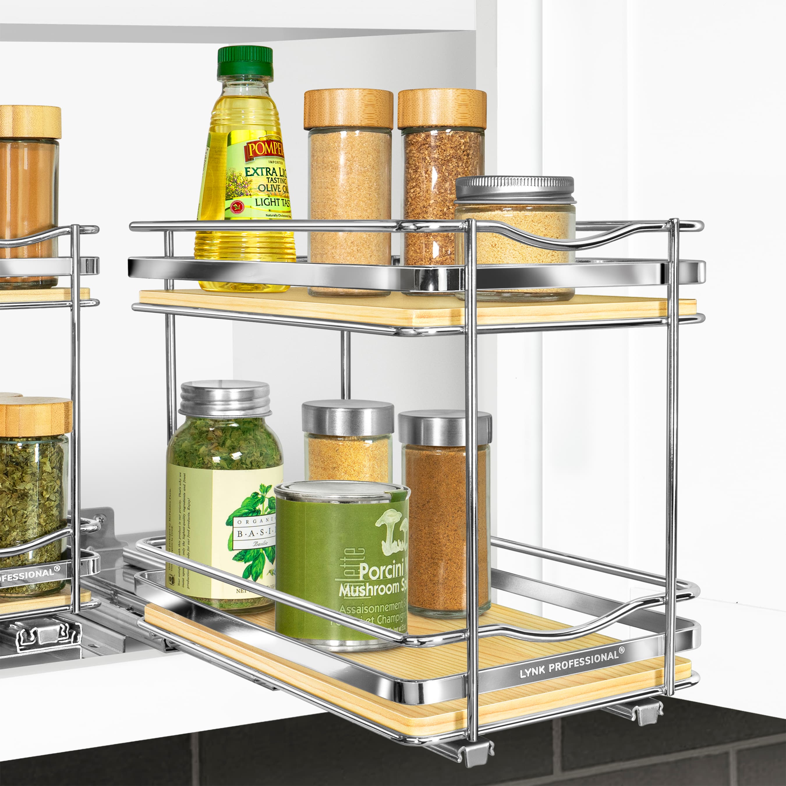 Lynk Professional 10-1/4 in. Wide - Double Silver Chrome Slide Out Spice Rack Pull Out Cabinet Organizer