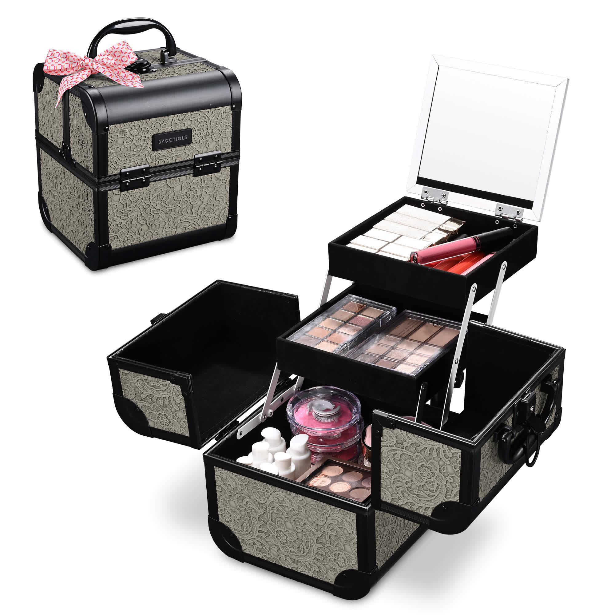 Yescom 12MKC028-S-RCC09-LO Byootique Makeup Train Case Cosmetic Organizer with Mirror Artist Rococo GainsBoro