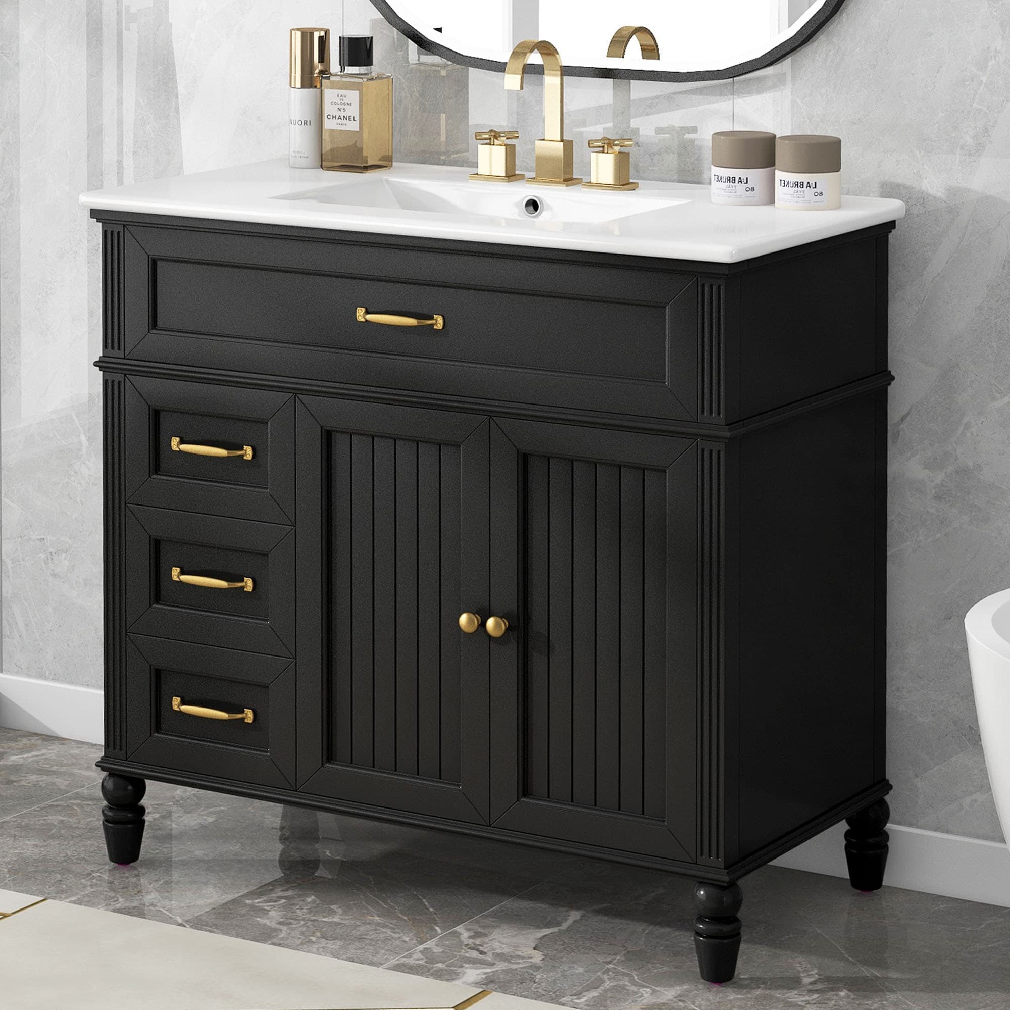Dexmalle N725P195410B 36-in Black Modern Undermount Single Sink Bathroom Vanity with White Ceramic Top and Two Drawers