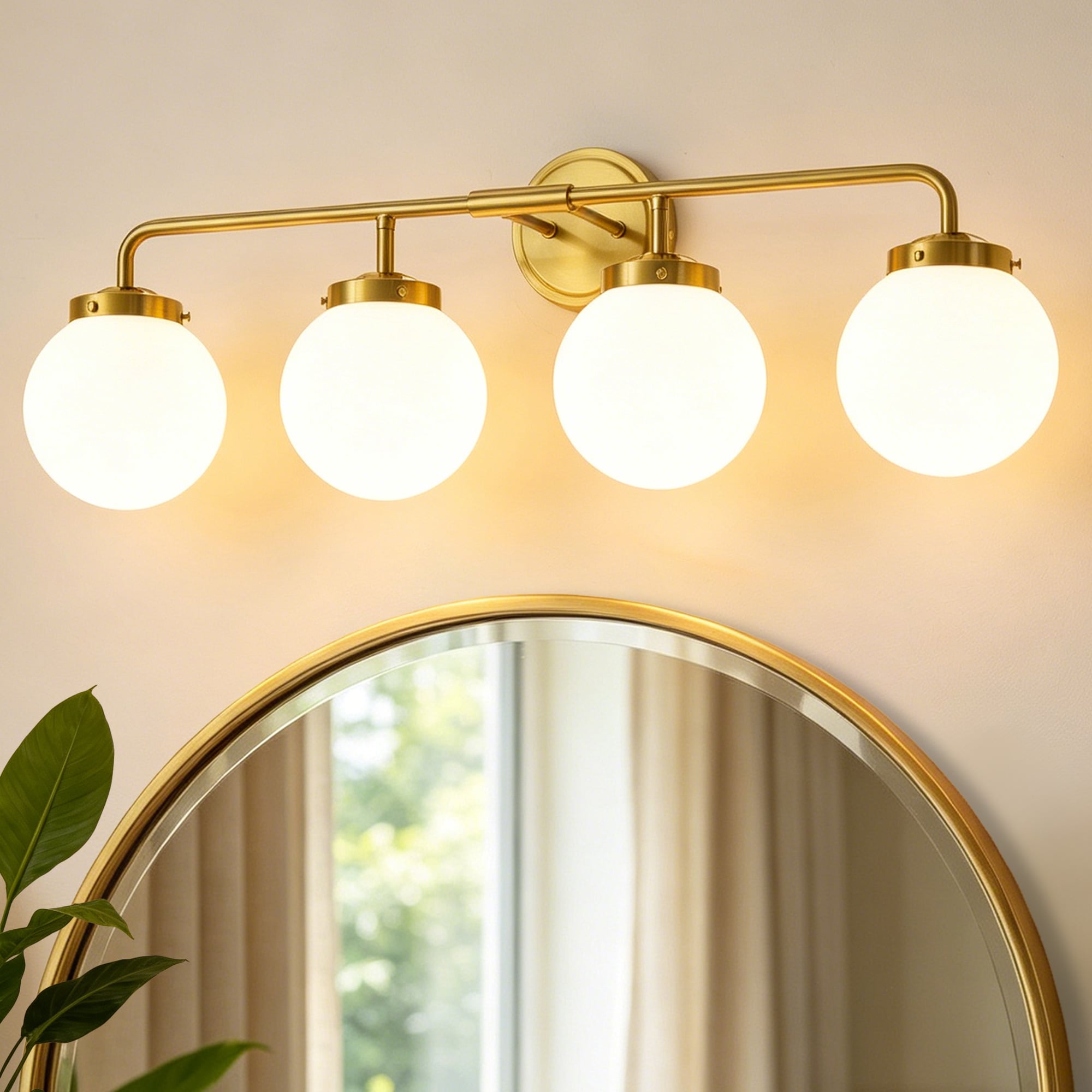 Lanmate  4 Light Gold Bathroom Vanity Light Fixture with Milky White Frosted Glass Globe Shades 30.71-in