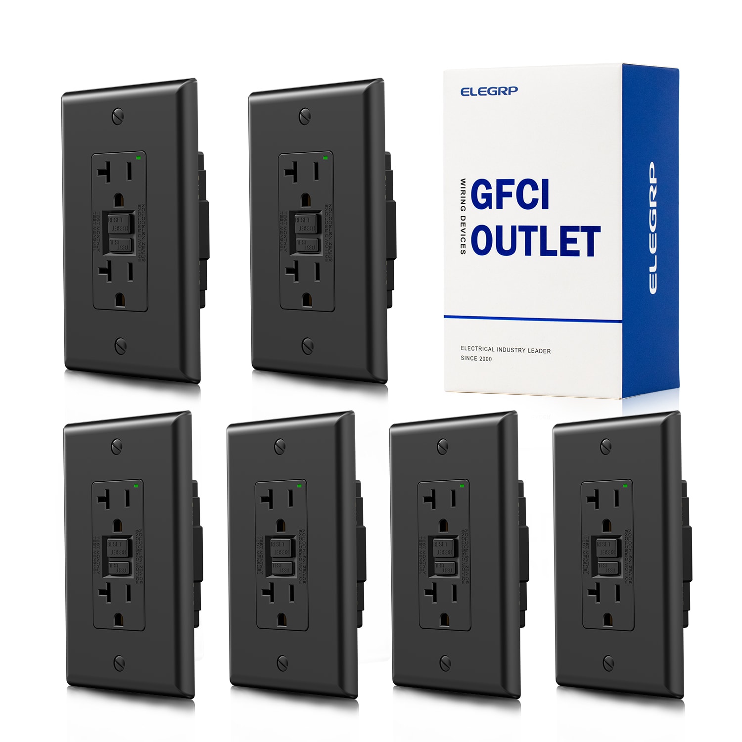 ELEGRP  GFCI Outlet Self-Test 20A 125V Duplex wall outlet with Glossy Wall Plate UL Listed Black 3PC