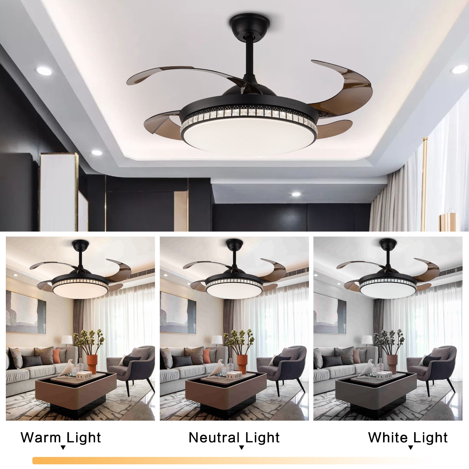 42-Inch Black Retractable Blade LED Chandelier Ceiling Fan