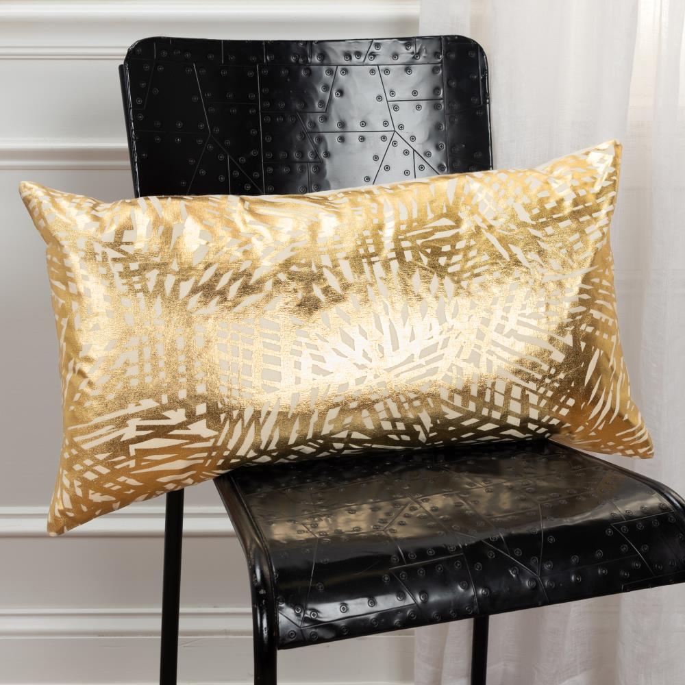 Gold and White Cotton Lumbar Pillow with Etched Pattern