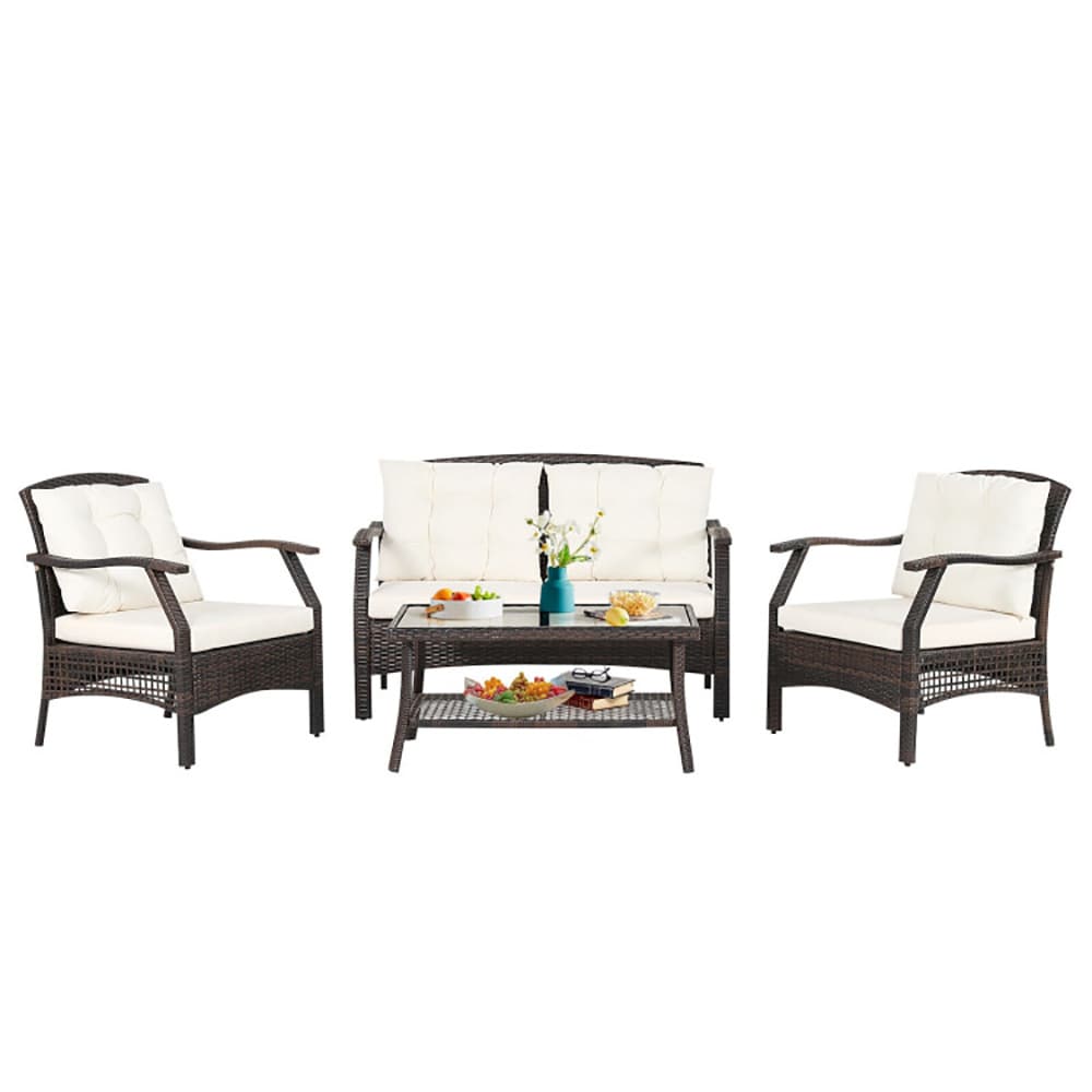 CASAINC BH-WY000171AAA 4 -Piece Rattan Patio Conversation Set with Off-white Cushions