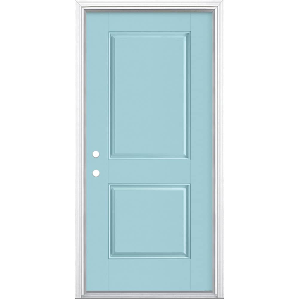 Masonite 1218162 36-in x 80-in x 4-9/16-in Fiberglass No glass Right-hand inswing Caribbean Blue Painted Prehung Front Door with Brickmould Insulating core