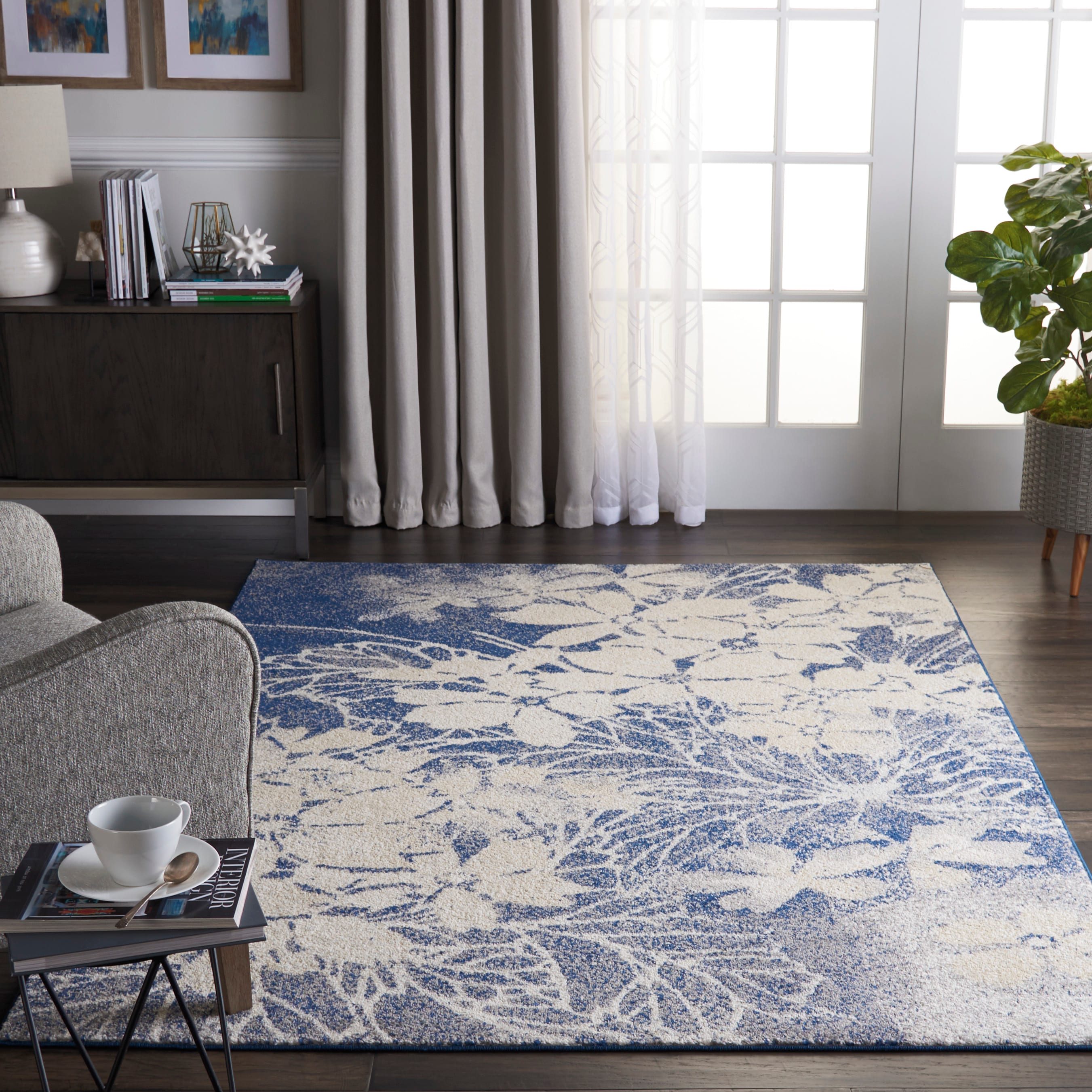 Nourison 99446486004 Tranquil 5 x 8 (ft) Loomed Polypropylene Beige/Navy Rectangular Indoor Abstract Farmhouse/Cottage Area rug