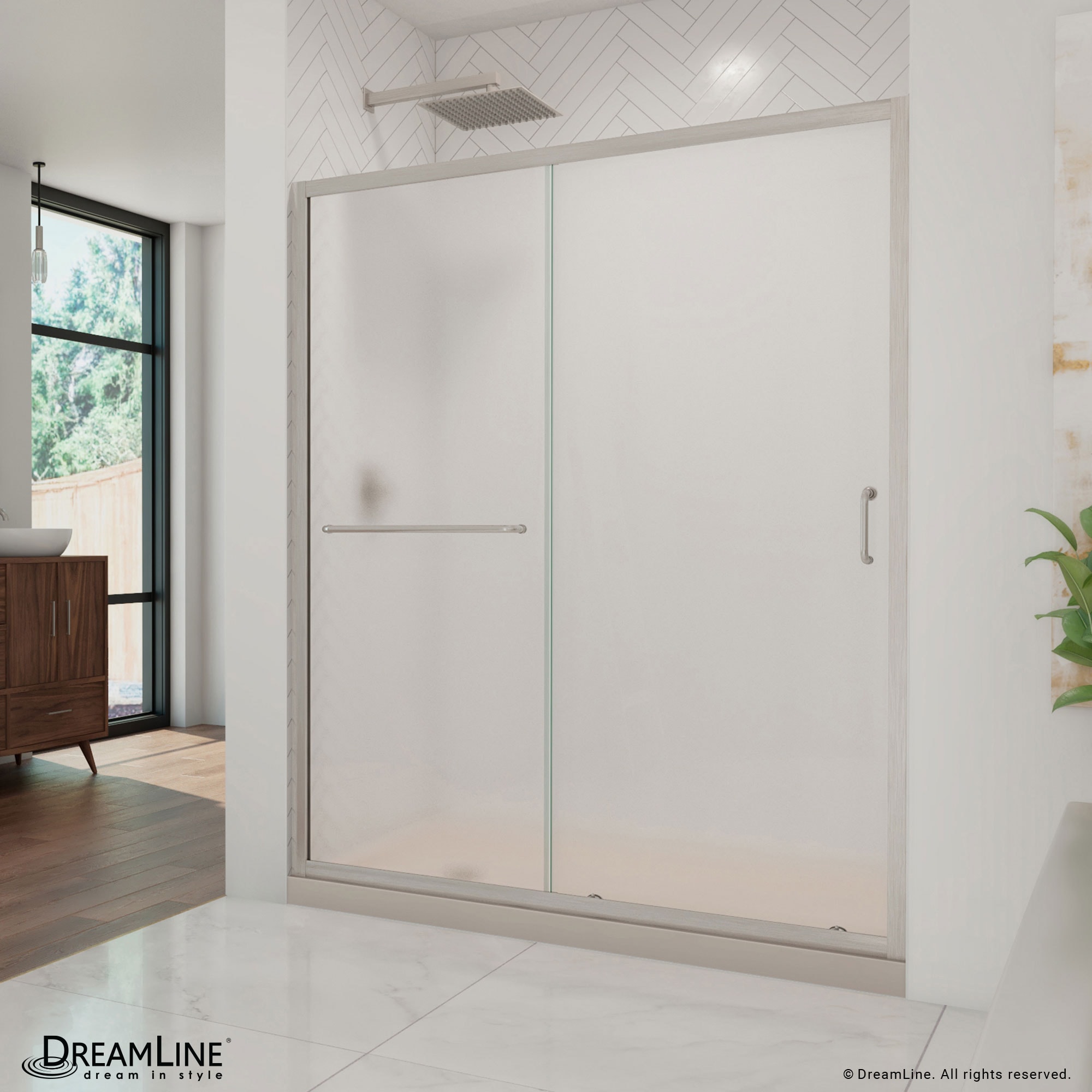 DreamLine DL-6973L-22-04F Infinity-Z 2 -Piece 60-in W x 36-in L x 75-in H Rectangular Alcove shower kit ( Left Drain) Base and Door Brushed nickel Hardware Included