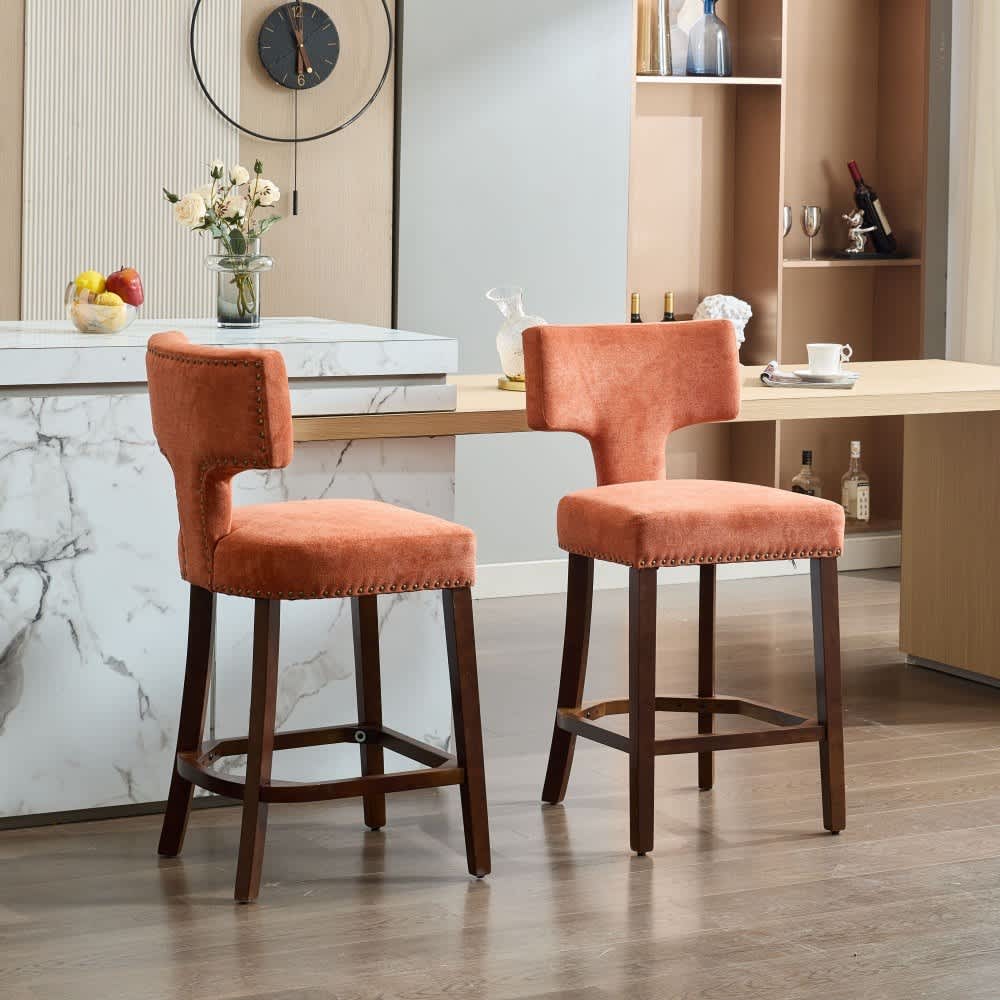 Coolbibila ATLAS-STOOLS-ORANGE Counter Height Barstools Set of 2 with Curved Back Orange Linen Upholstered Farmhouse Kitchen Chairs