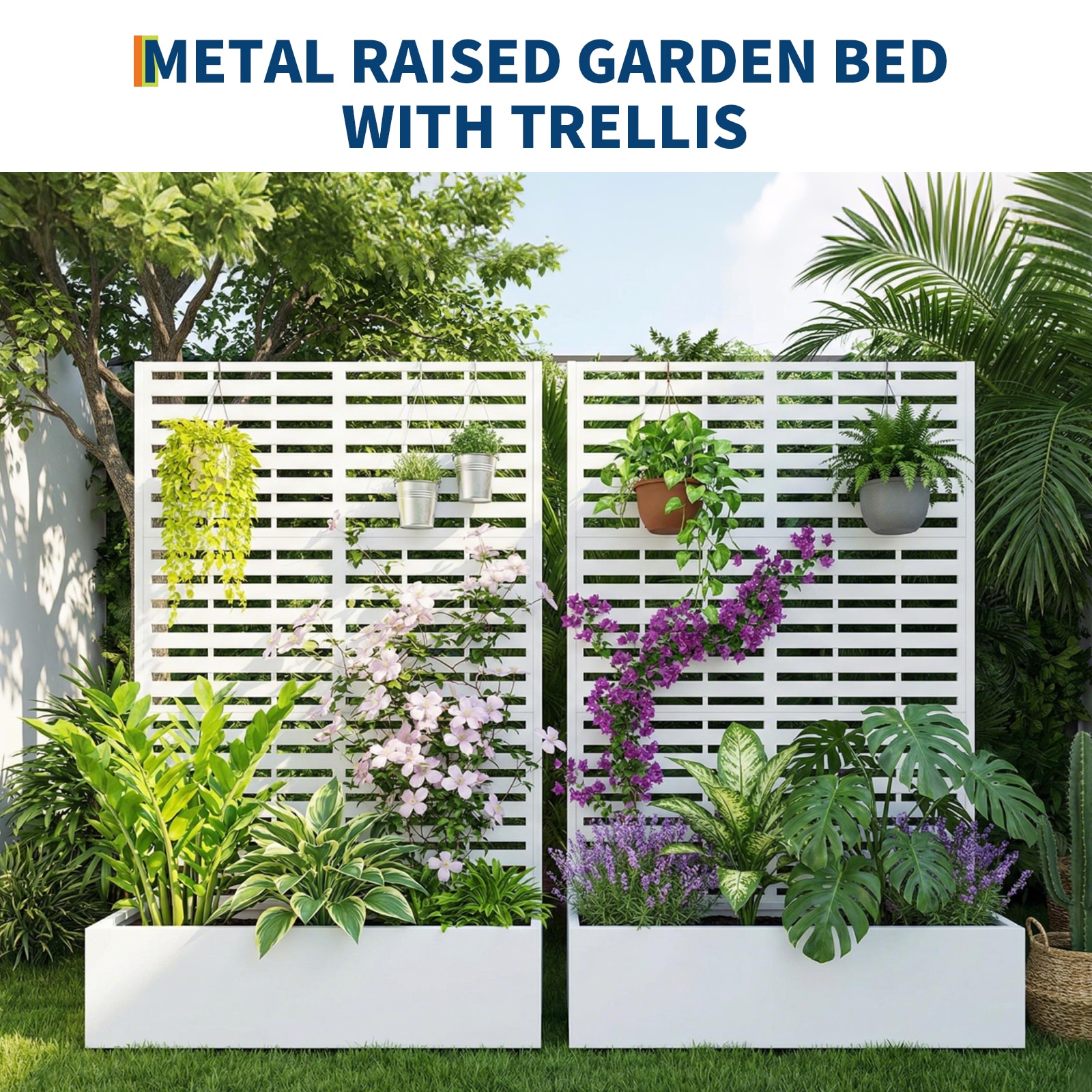 Garvee 70.1x45x15in Metal Planter Box with Trellis Raised Garden Bed for Patio Outdoor Privacy Planters with Drainage Holes for Climbing Plants Flowers Vegetables Vines