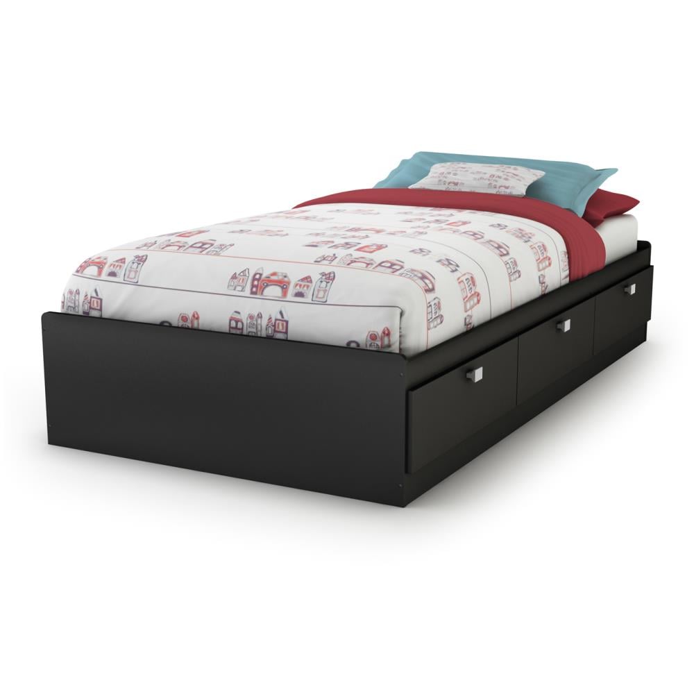 Pure Black Twin Platform Bed, Wood Twin Bed Frame With Storage
