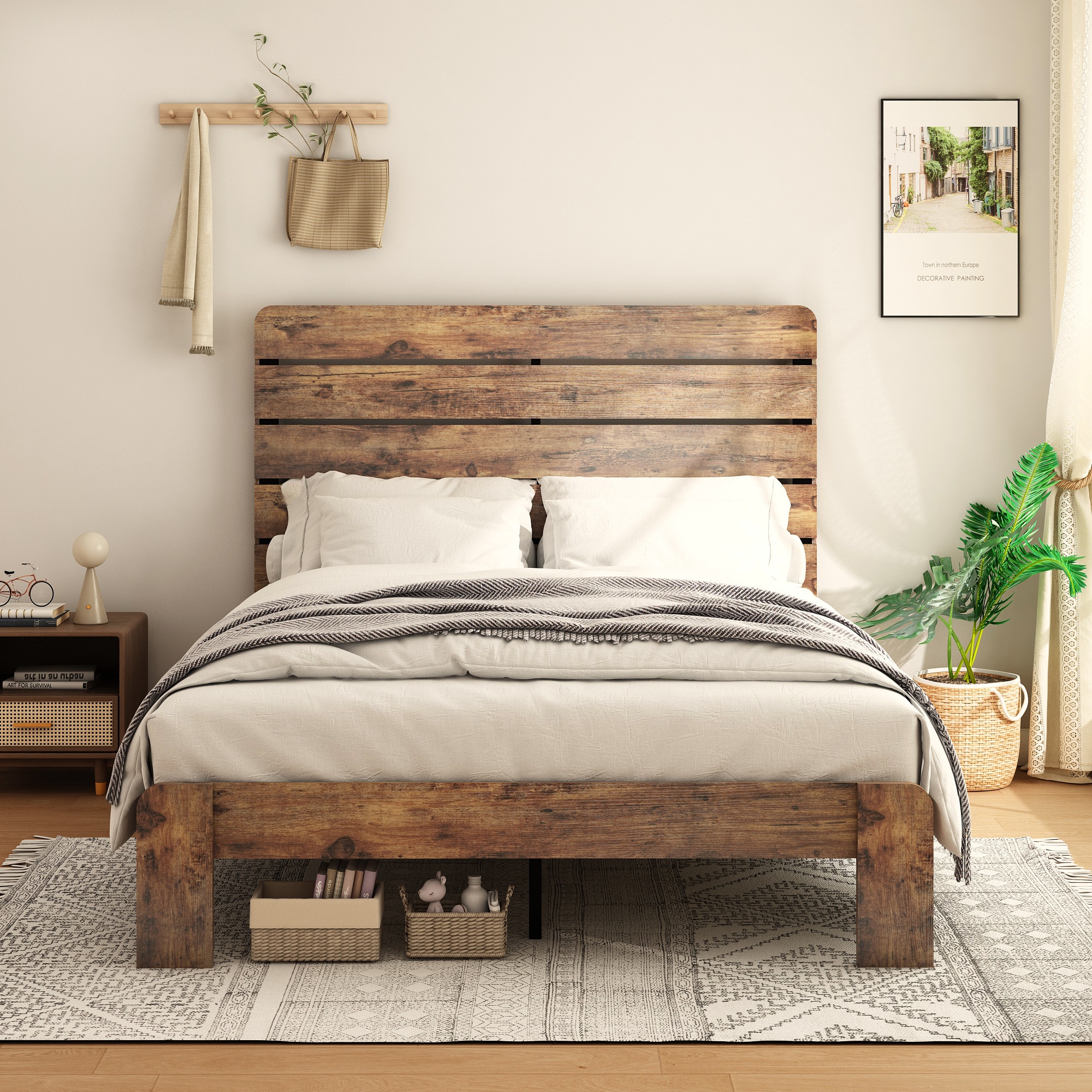 Bellemave Wood Queen Size Platform Bed Frame with Industrial Style Headboard Heavy Duty Metal Slats Foundation Large Under Bed Storage Space Noise Free Dark Brown