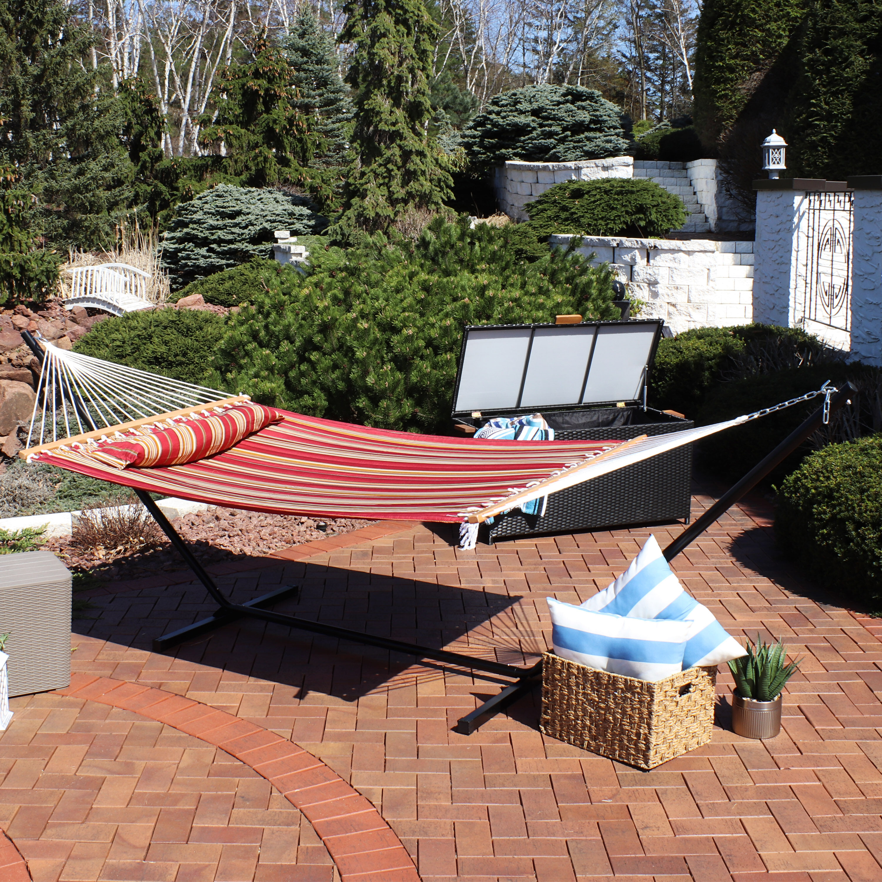 Sunnydaze Decor LY-QFH-RD-COMBO 2 Person Double Hammock with 12 Foot Portable Steel Stand Red Stripe Fabric Hammock with Stand