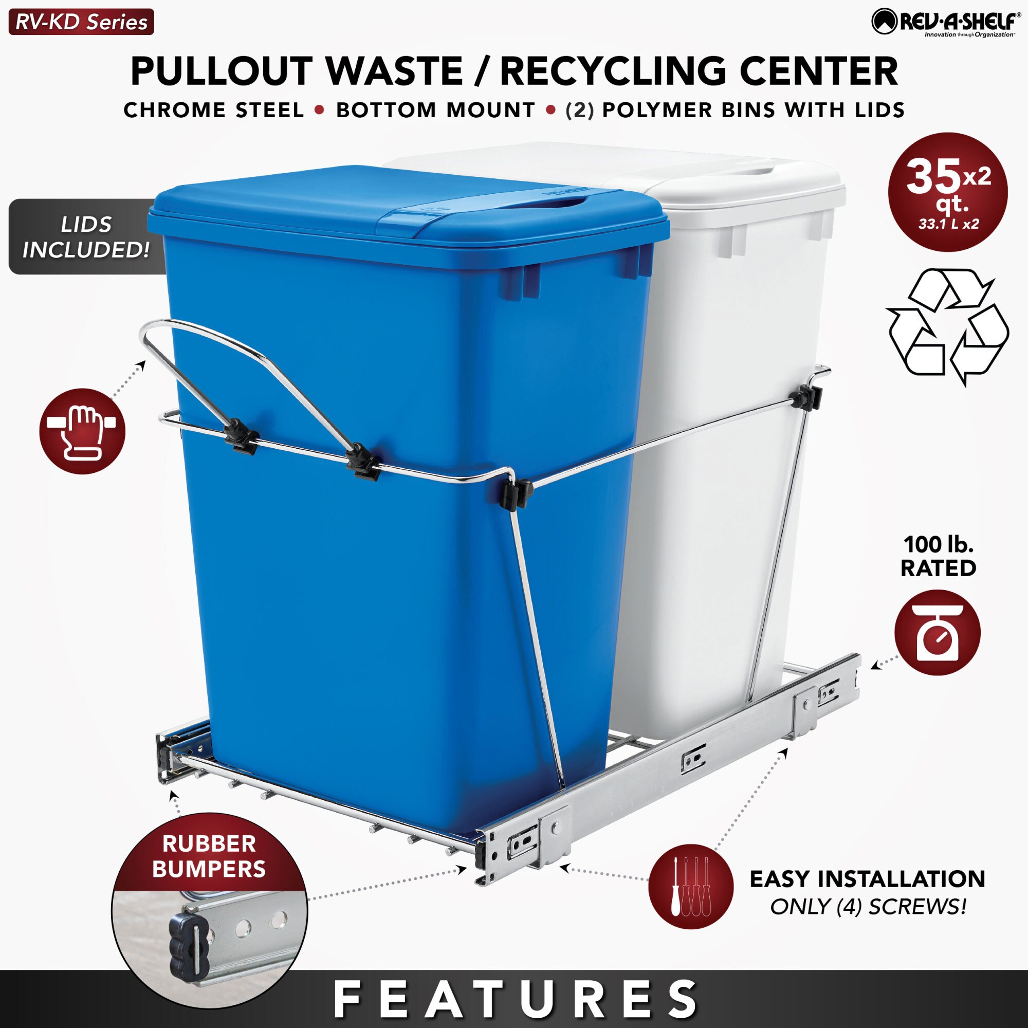Hardware Resources Single 35-Quart Trash Bin Cabinet Pullout System - 1  Black Waste, Recycling Bins - Easy-Installation Black Ball-Bearing Garbage