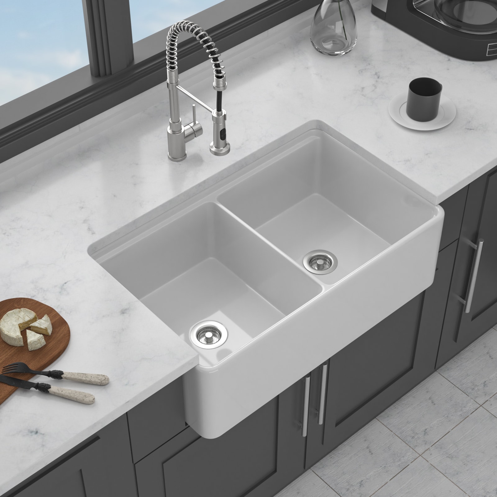 Dimakai 33x20x10 Inch White Farmhouse Workstation Sink Porcelain Ceramic Double Bowl 50 50
