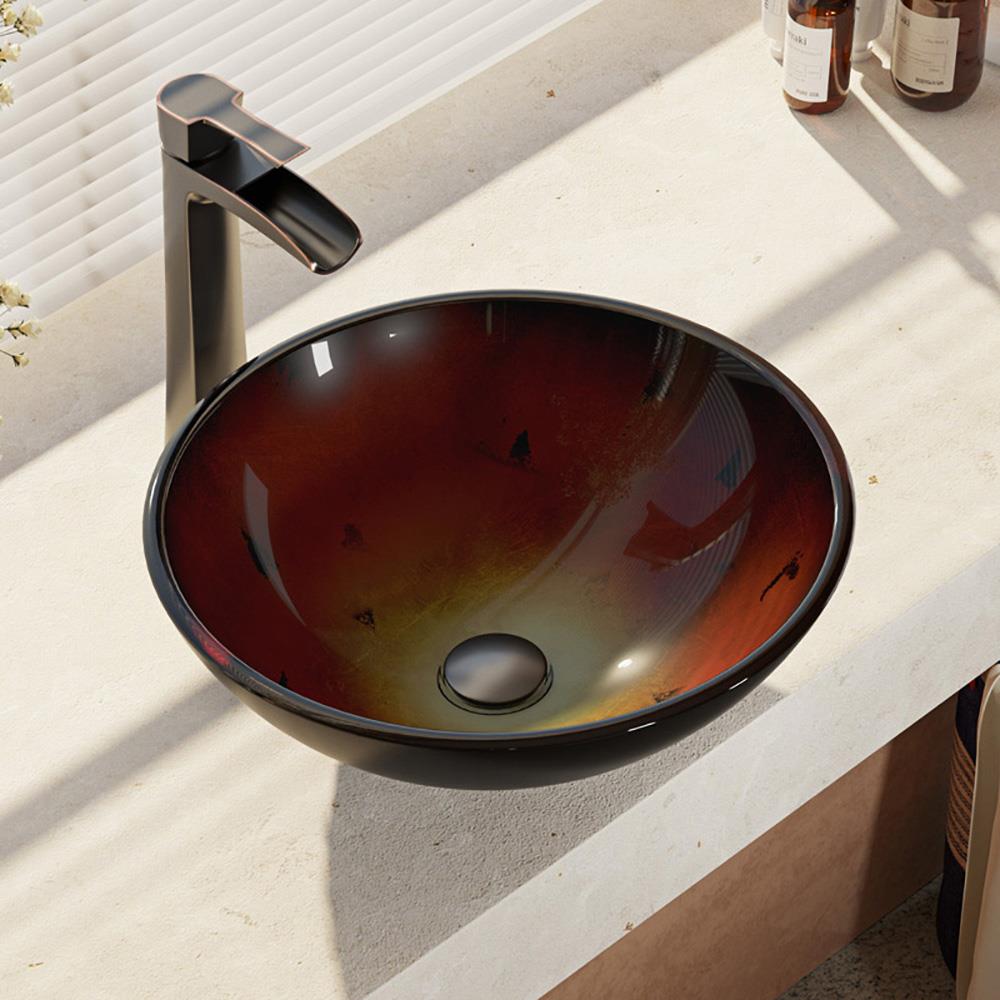 Rene Gradient Red Tempered Glass Vessel Round Modern Bathroom Sink with ...