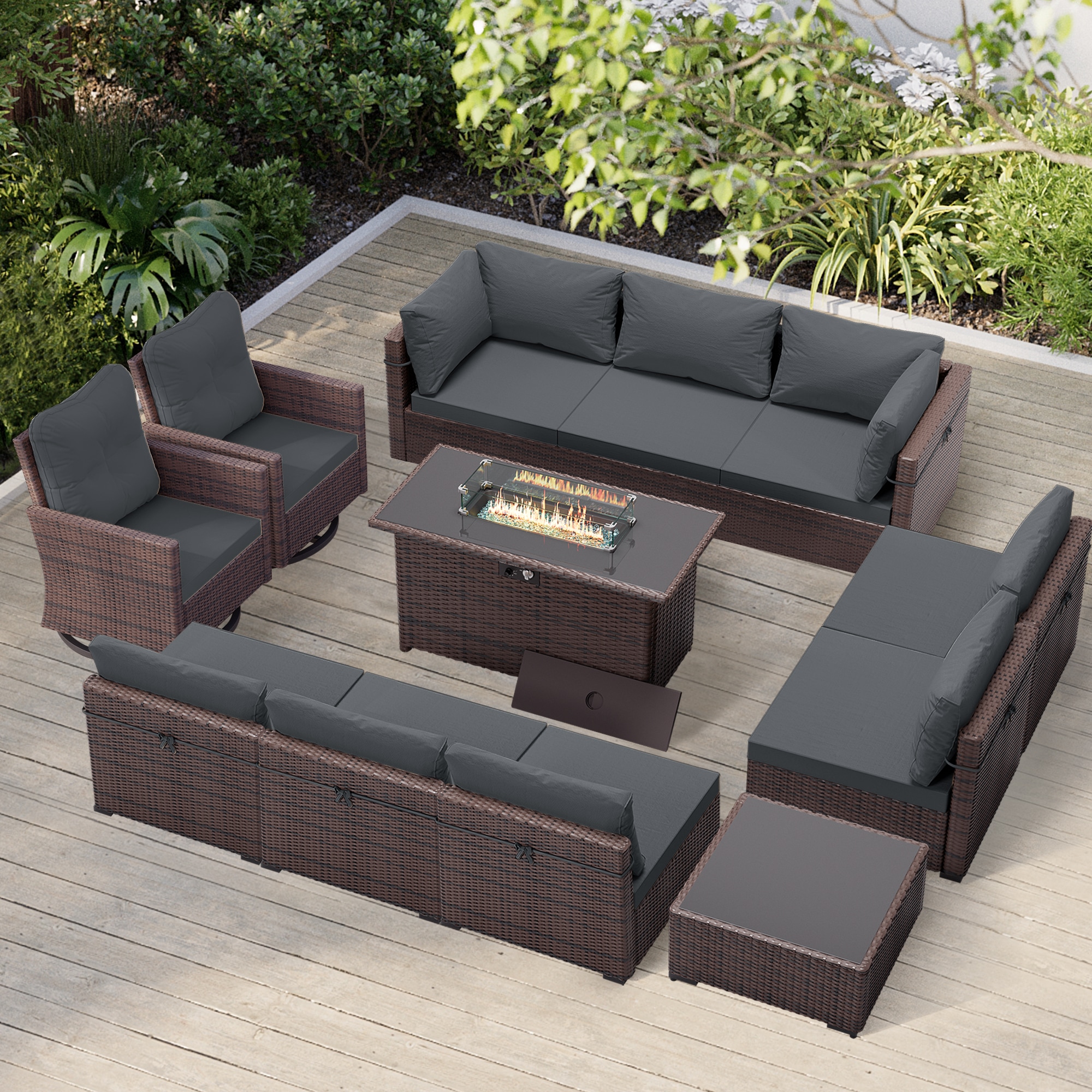 Patio Watcher TBBR-AB2C43Y11-DG 10-Piece Wicker Patio Conversation Set with Gray Cushions