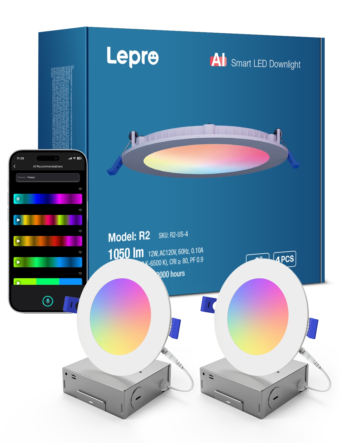 Lepro OSR2XUSX2  R2 AI Smart LED Recessed Lighting 6 Inch - 12W 1050LM RGB Cool/Warm White Slim Canless Downlight. APP Control Ceiling Lights Alexa / Google Compatible 2.4GHz WiFi (2-Pack)