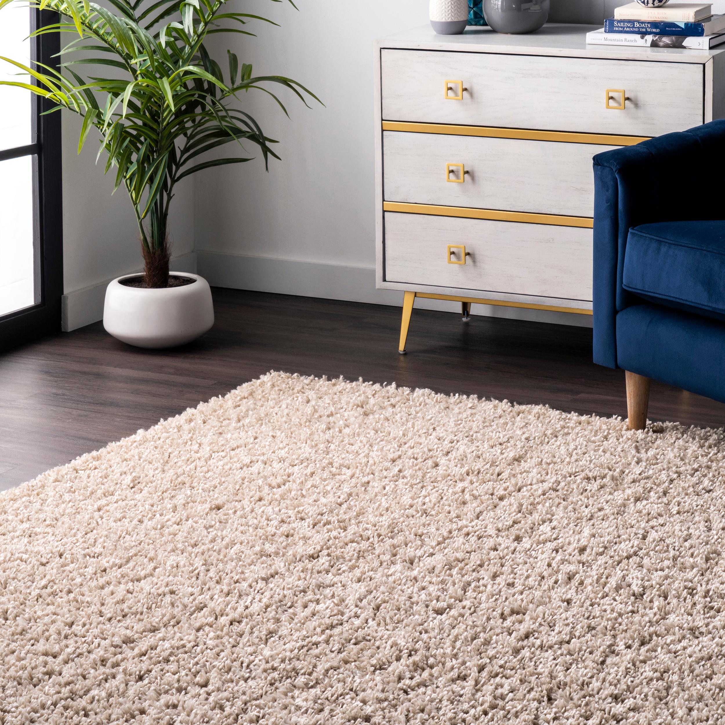 Beige Solid Shag Reversible Synthetic Runner Rug