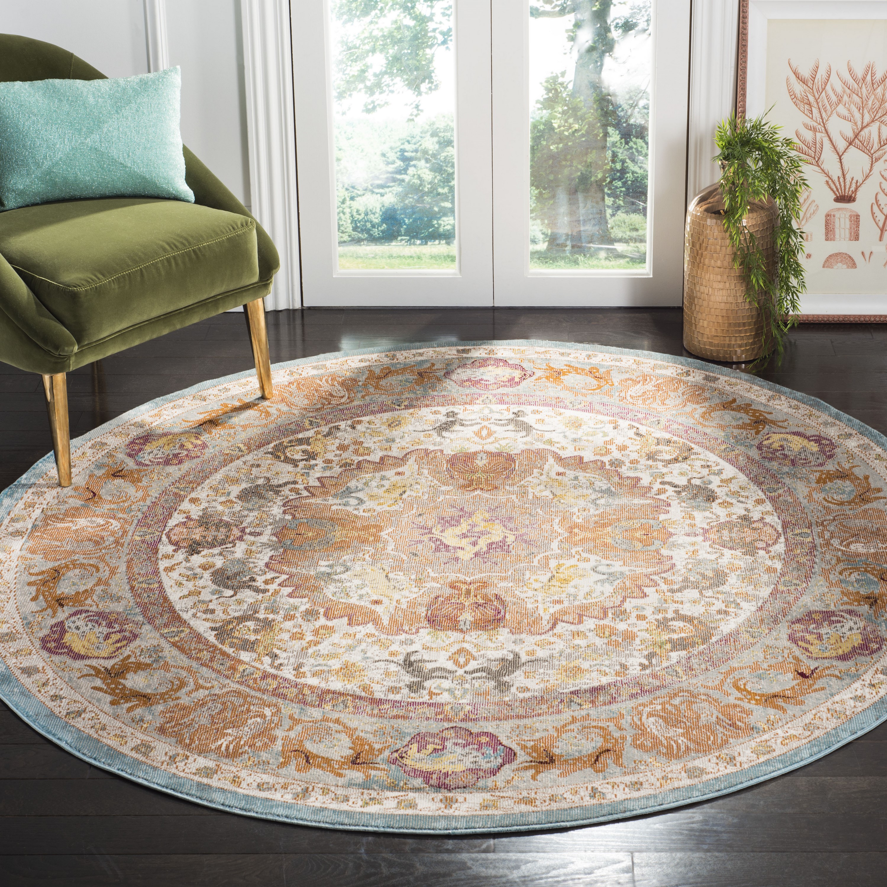 Safavieh ARA120E-6R Aria Qajar 6 x 6 (ft) Loomed Polypropylene Beige/Orange Round Indoor Distressed/Overdyed Vintage Area rug