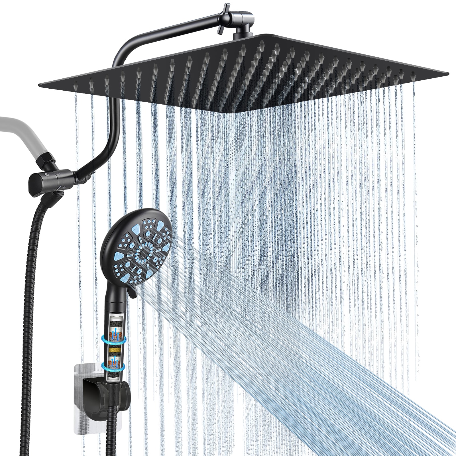Cobbe LSSHK0512B 9 -Spray Black 12-in Round Dual/Combo Filtered High Pressure Rain Shower Head 1.8 GPM