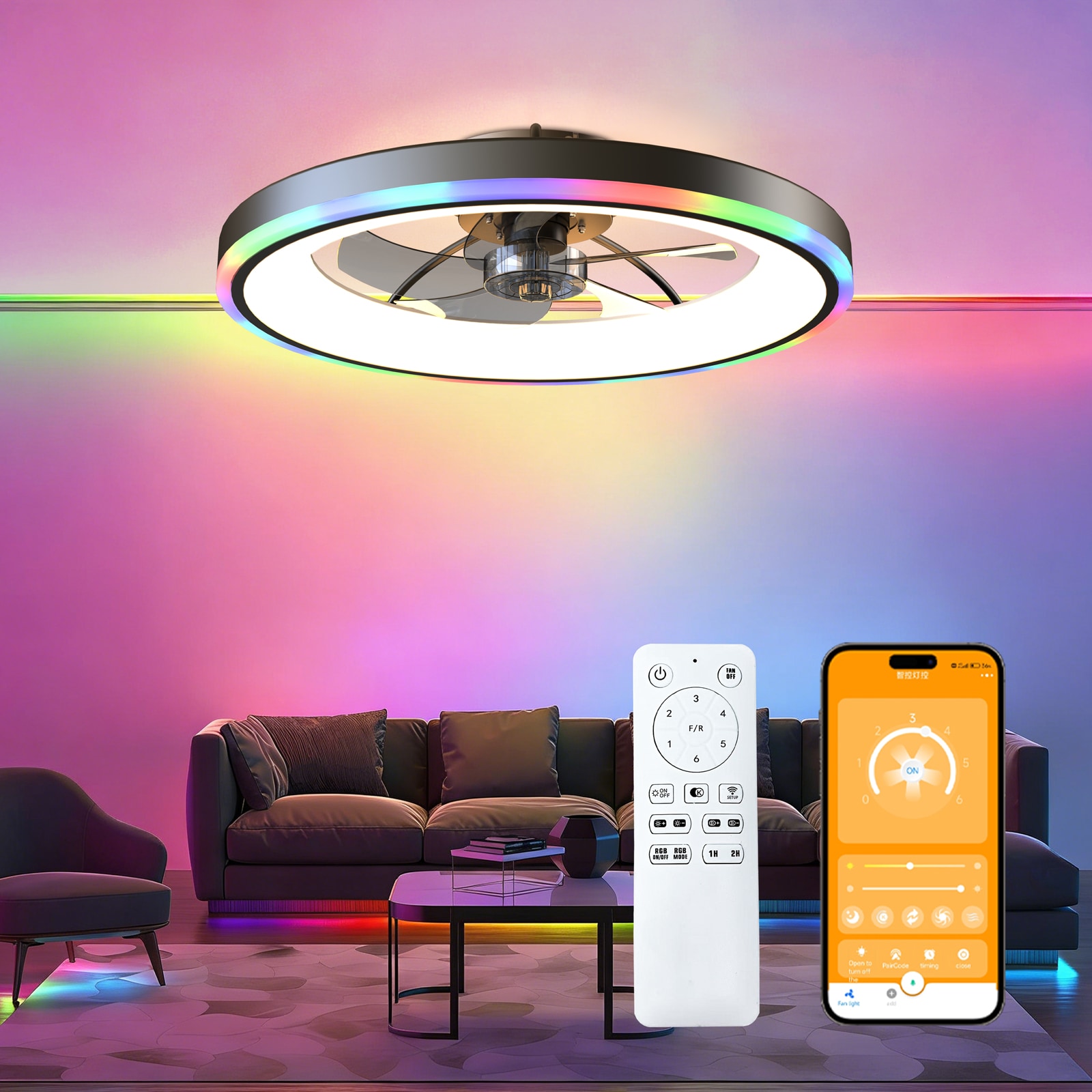 HyperDrop Cart 23.6-in Black Metal Flush Mount RGB Ceiling Fan with Lights Dimmable 6-Speed Reversible Silent DC Motor App for Bedroom