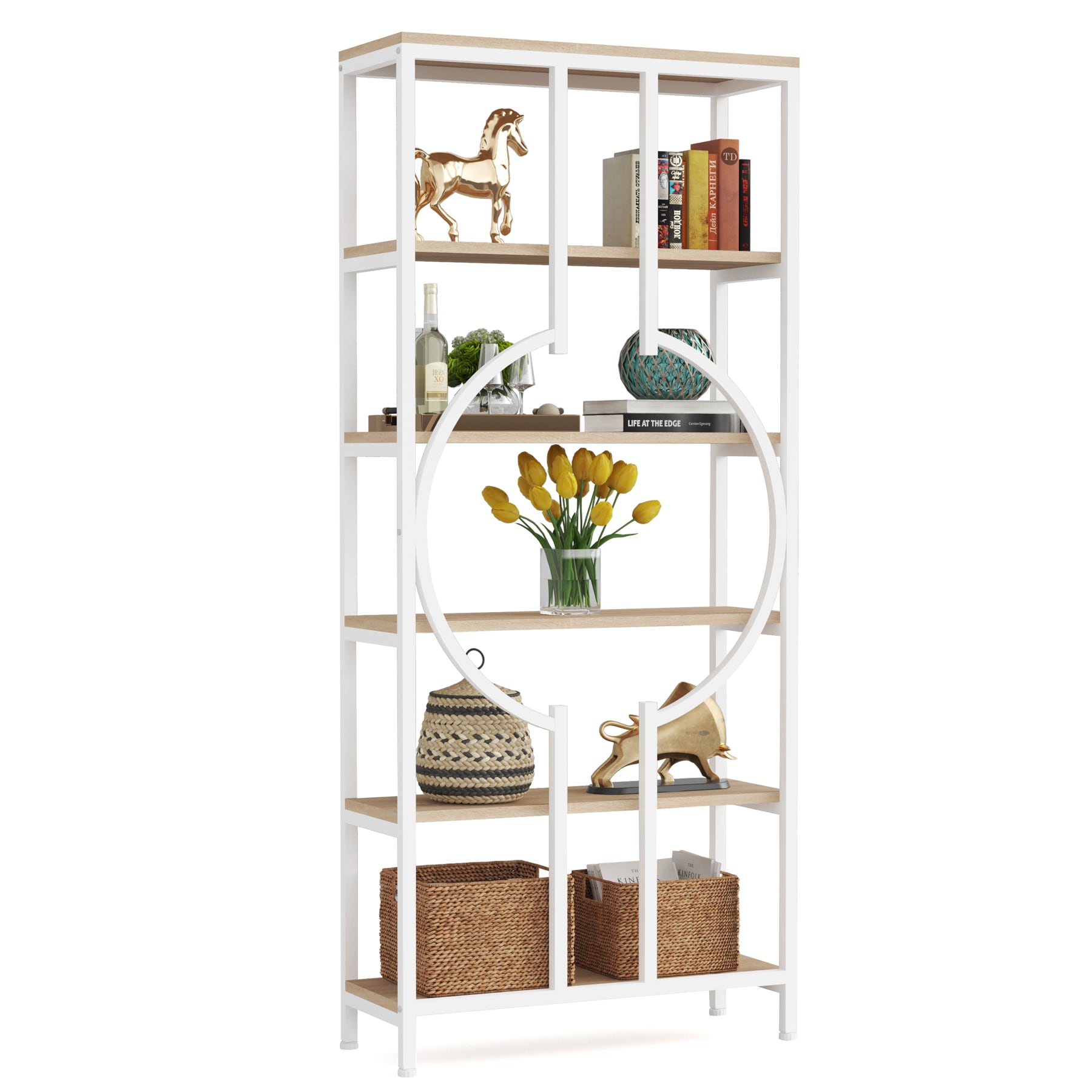 Tribesigns HOGA-JW0639 Walnut and White Metal 6 -Shelf Bookcase ( 27.55-in W x 70.86-in H x 11.81-in D ) Unfinished