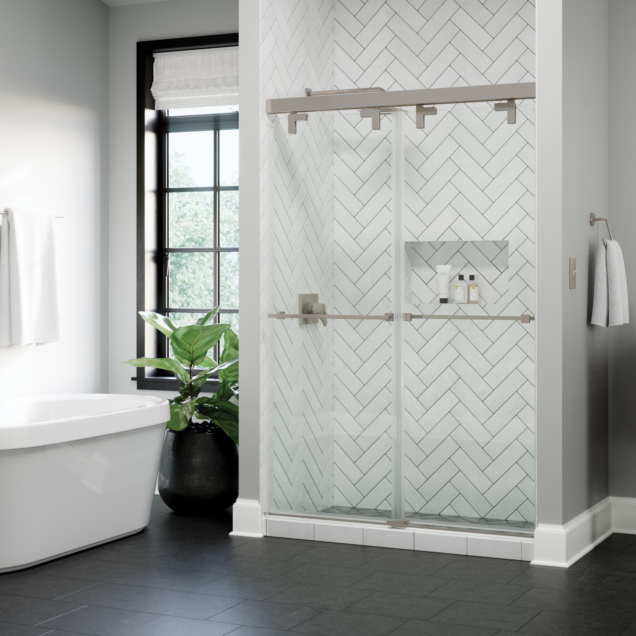 Delta SD7909983 Kesara Brushed Nickel 37-in to 38-1/4-in W x 72.9922-in H Frameless Sliding Soft Close Shower Door 5/16-in Thick Clear Glass