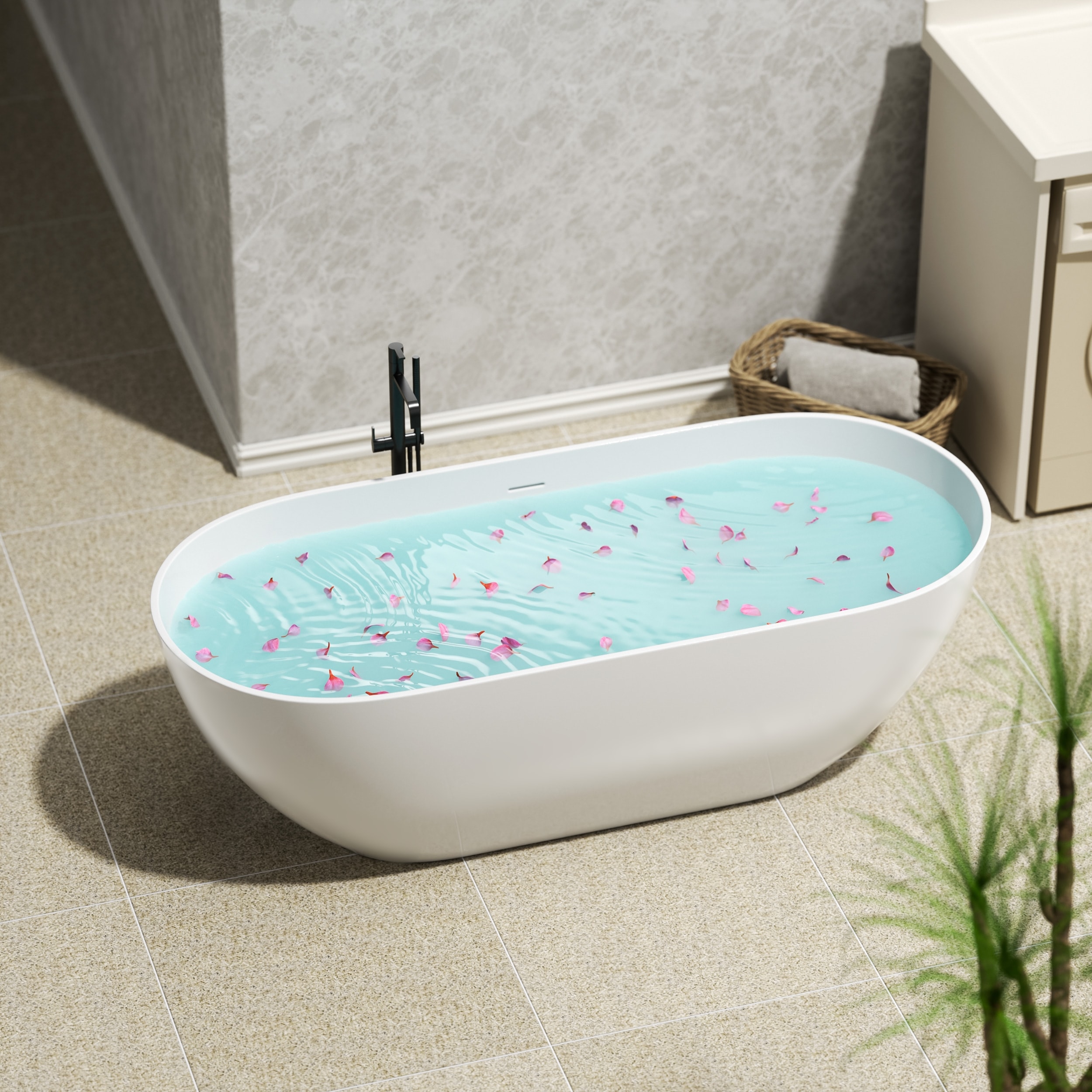 Vynxaria 63-in Matte White Solid Surface Stone Resin Freestanding Soaking Bathtub