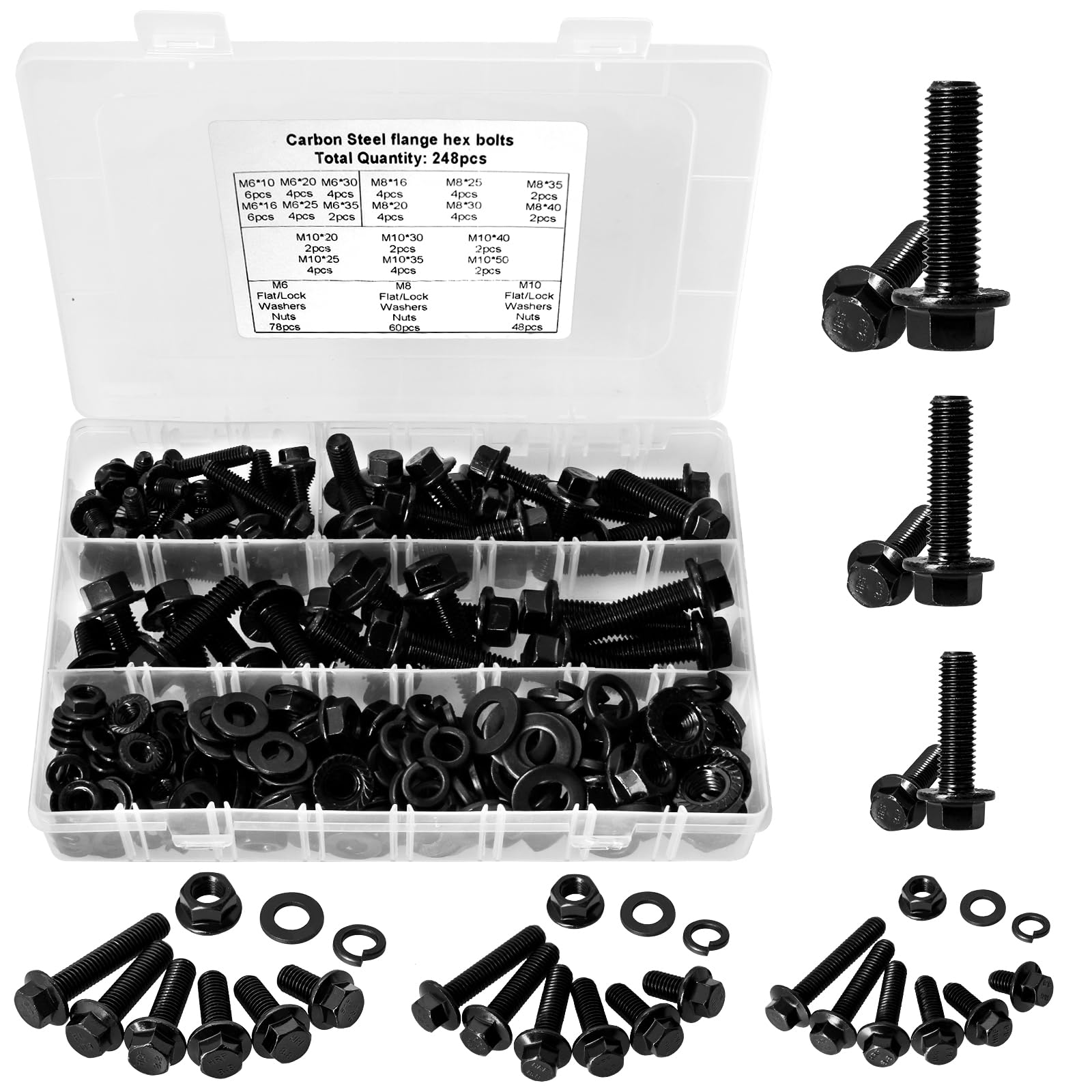 SenQWFa  248 Piece Flanged Hex Head Bolt and Nut Assortment Kit M6 M8 M10 Metric Machine Screws with Flat and Spring Washers
