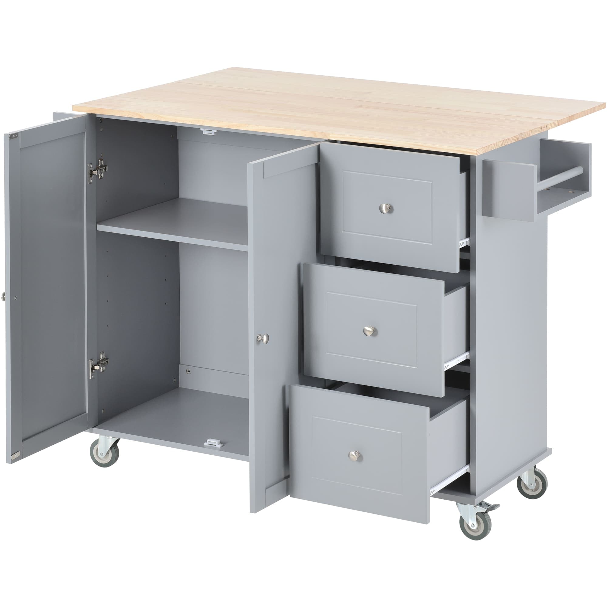 Vynxaria 52in Rolling Kitchen Island Solid Wood Top Locking Wheels Drop ...
