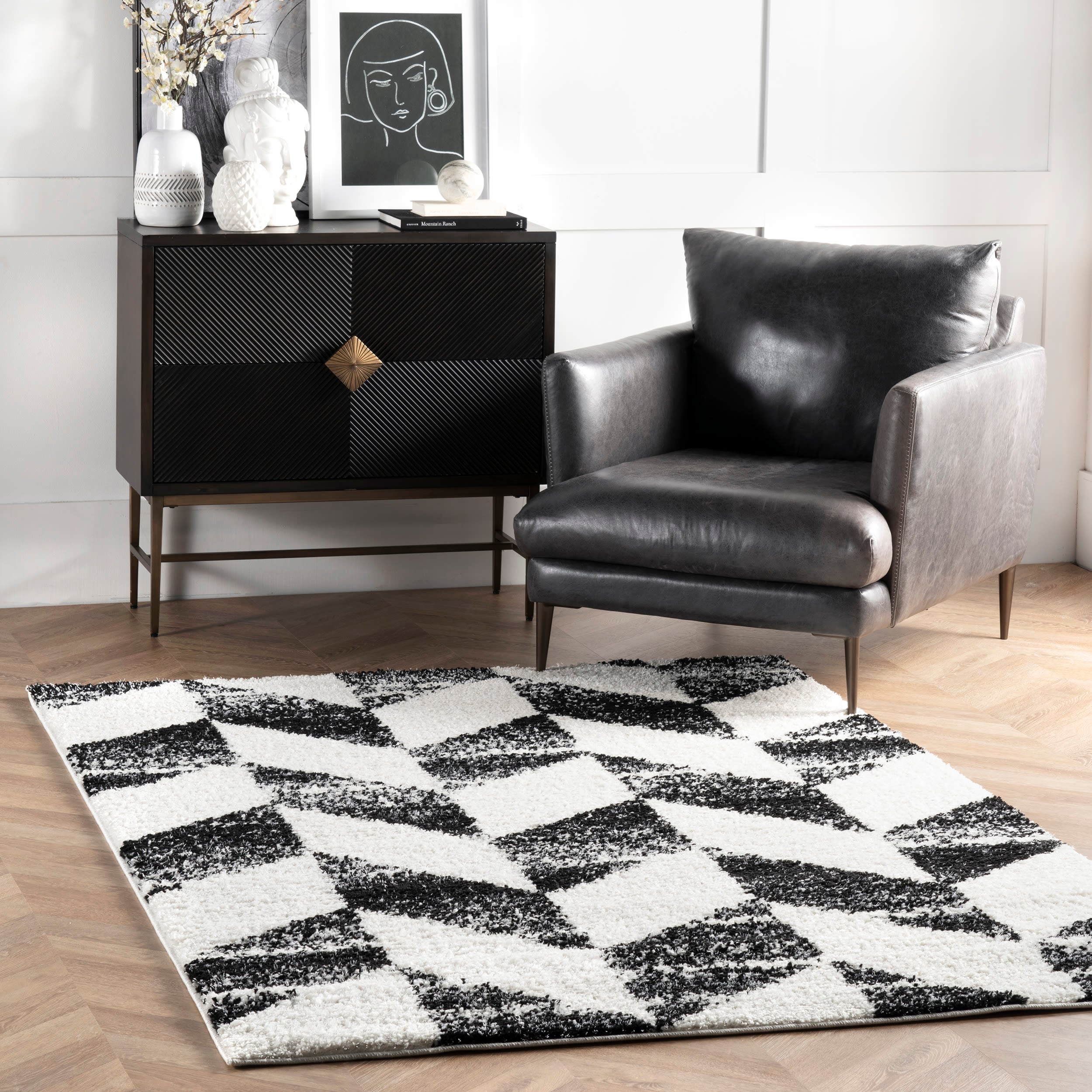 Elysian Herringbone 9' x 12' Black and White Shag Area Rug