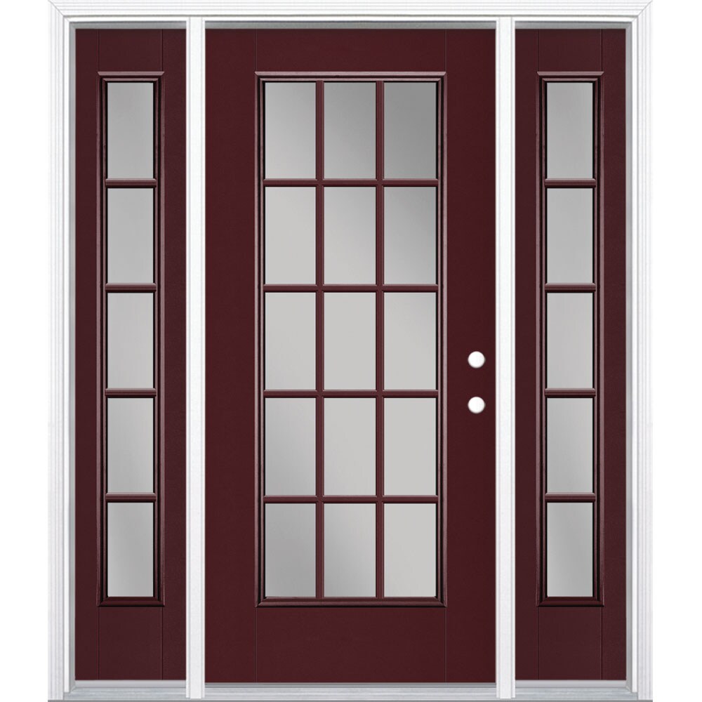 Masonite 1218859 60-in x 80-in x 4-9/16-in Fiberglass Full lite Left-hand inswing Currant Painted Prehung Front Door with Sidelights with Brickmould Insulating core with Grilles