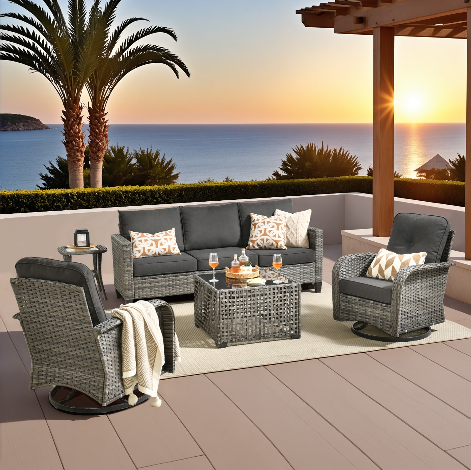 Pouuin SYZGNC105 5 -Piece Wicker Patio Sofa Conversation Set with Black Cushions