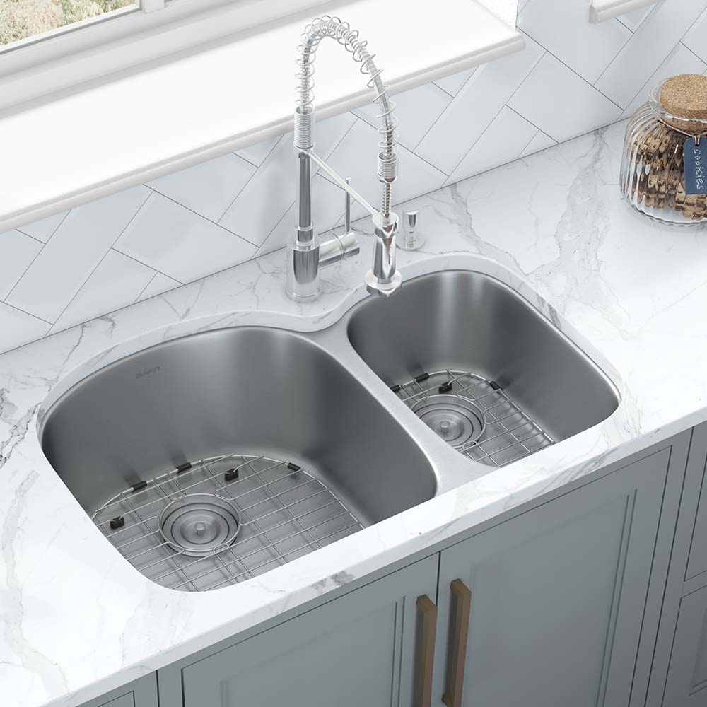 Ruvati Varna Undermount 315-in x 205-in Brushed Stainless Steel Double  Offset Bowl Kitchen Sink in the Kitchen Sinks department at