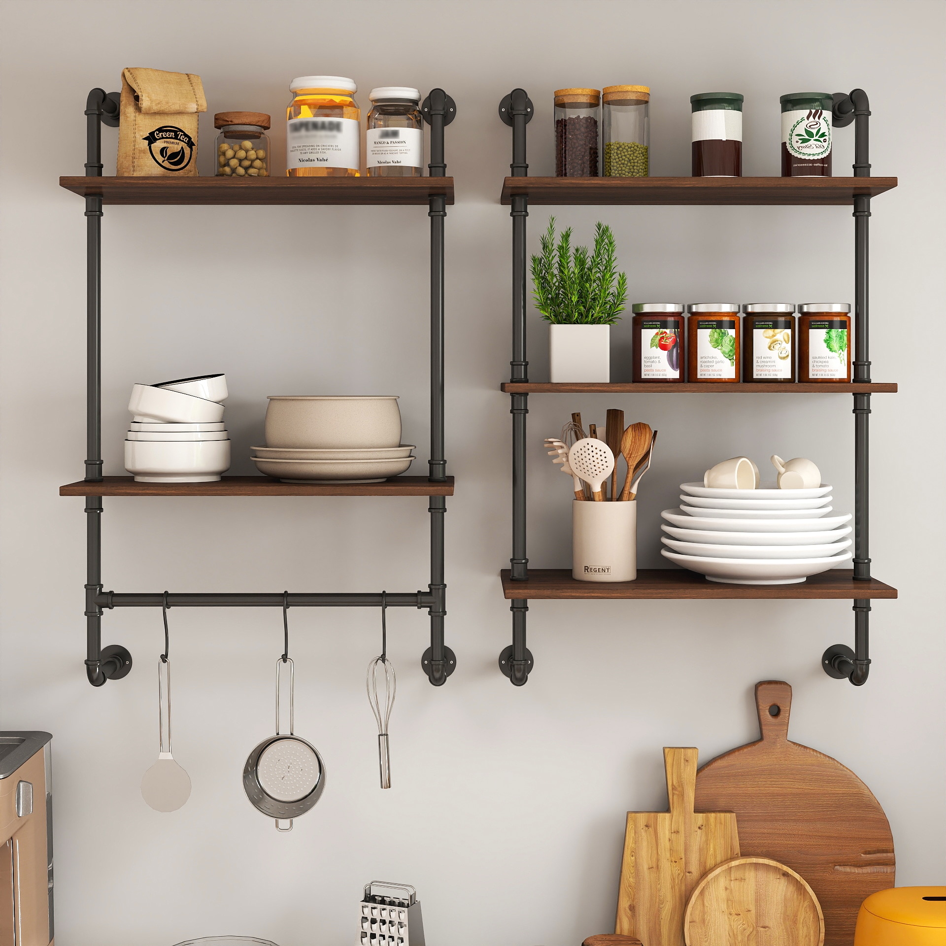 LOVMOR SF-Y-W331P279737 Industrial Pipe Shelf 3 Tier and 2 Tier Wall Mounted Shelves  36in Wood Display Shelves and 3 additional hooksFarmhouse Kitchen Bar Shelf DIY Bookshelf Unit Hanging Wall Shelves for Bedroom...