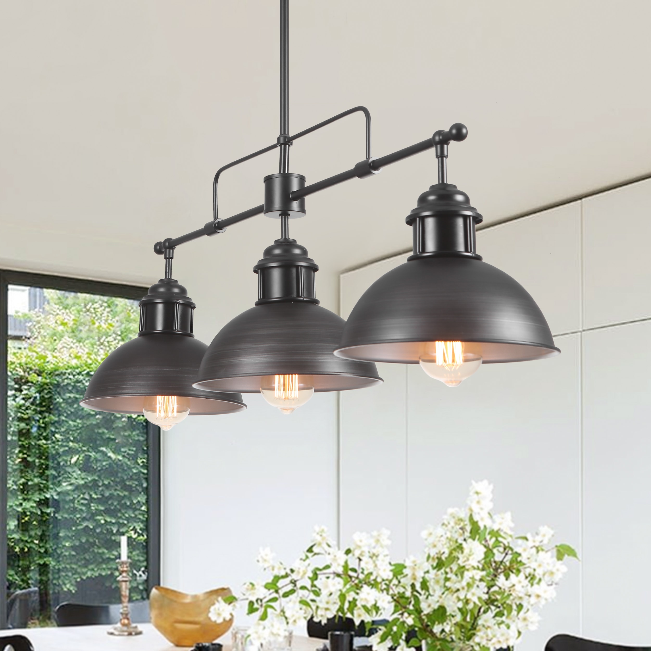 HUOKU PD1007011 Pot Lid 3 -Light Black and Brushed Silver Industrial Dome Large Hanging Pendant light