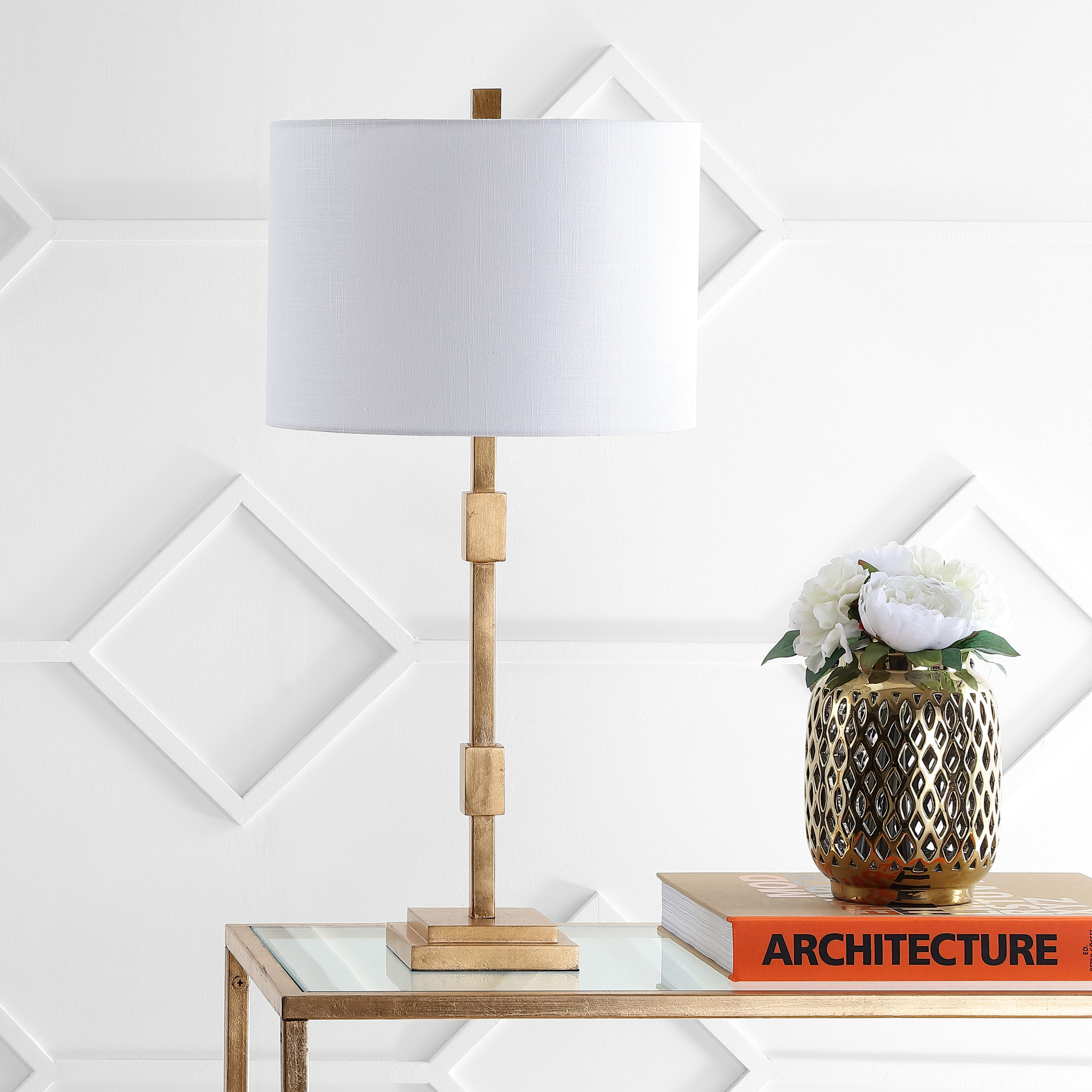 Transitional 29" Gold Leaf Column Table Lamp with Linen Shade