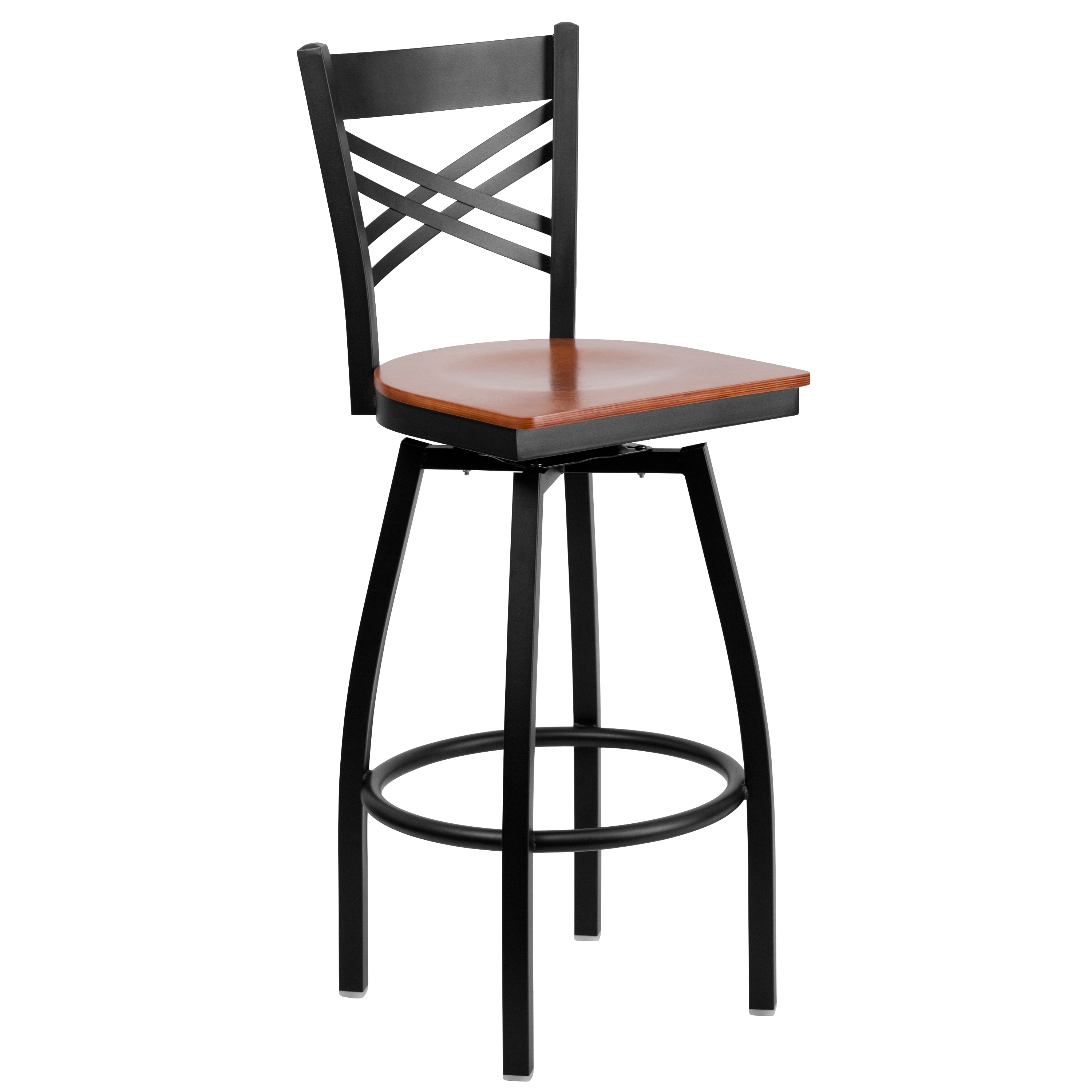 Emma + Oliver Black Metal X Back Swivel Barstool; Cherry Wood Seat