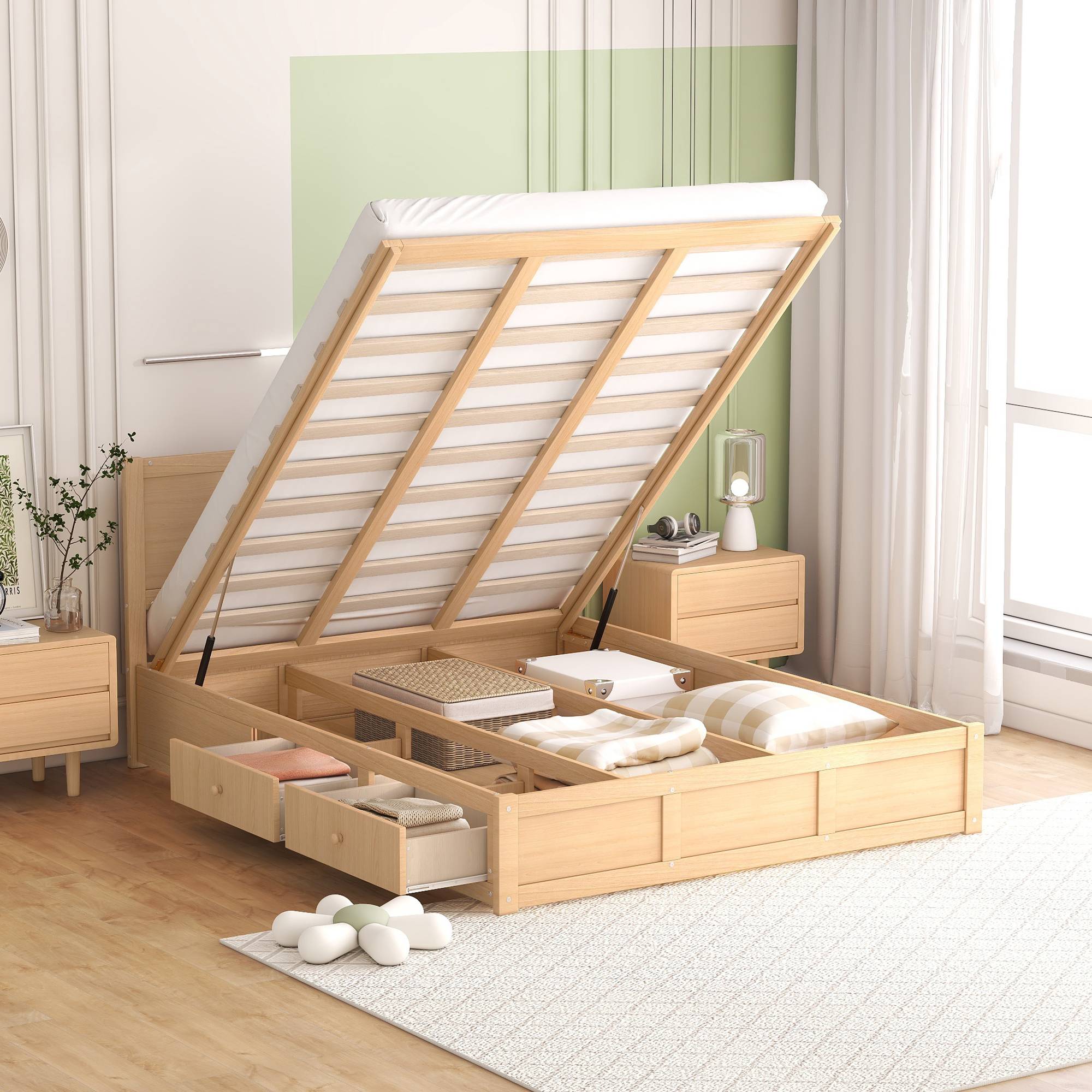 Yiekholo Natural Queen Wood Platform Bed With Storage In The Beds ...