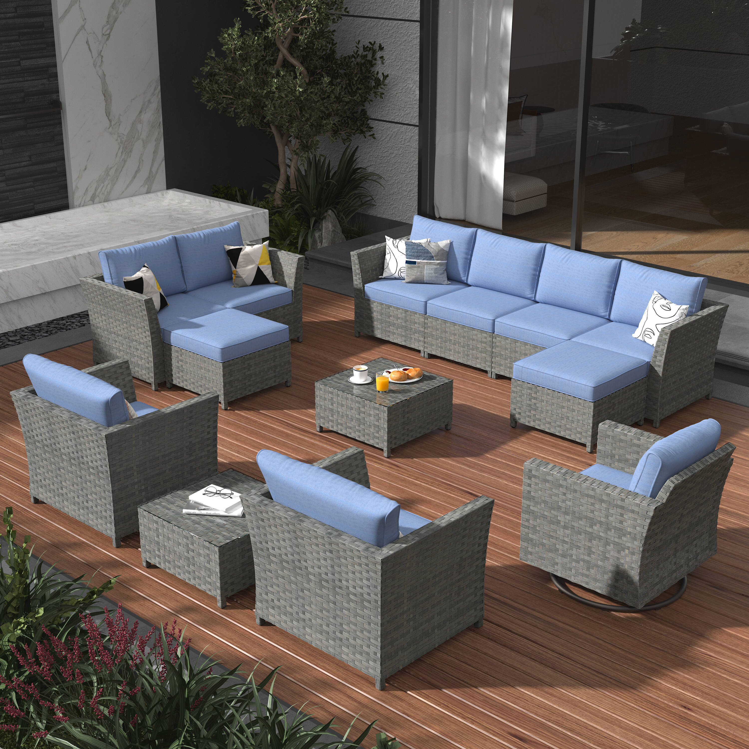 XIZZI XIBRS3135-RC2 Pervinca 13 -Piece Rattan Patio Sofa Conversation Set with Blue Cushions