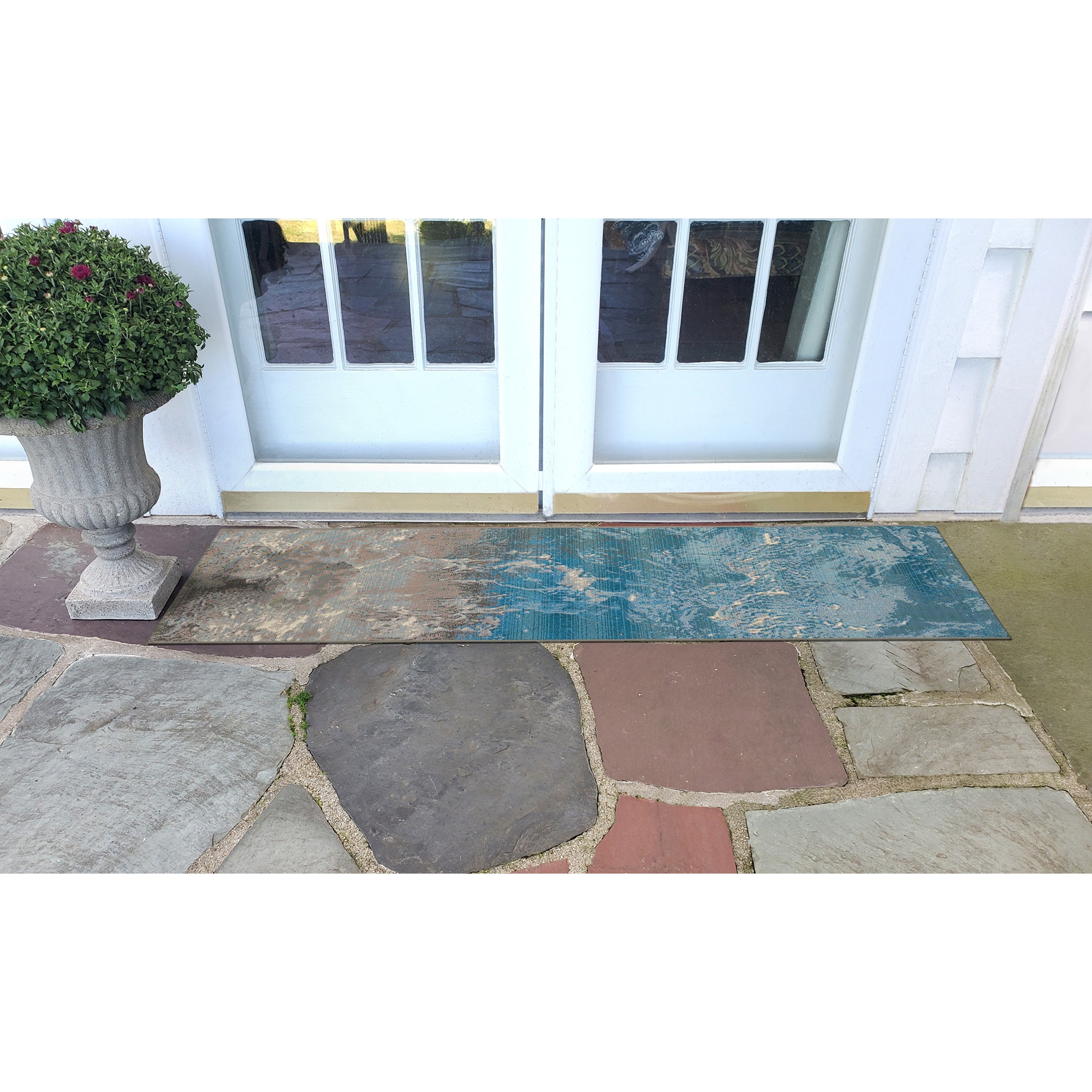 Gray and Blue Abstract Flat Woven Synthetic Runner Rug