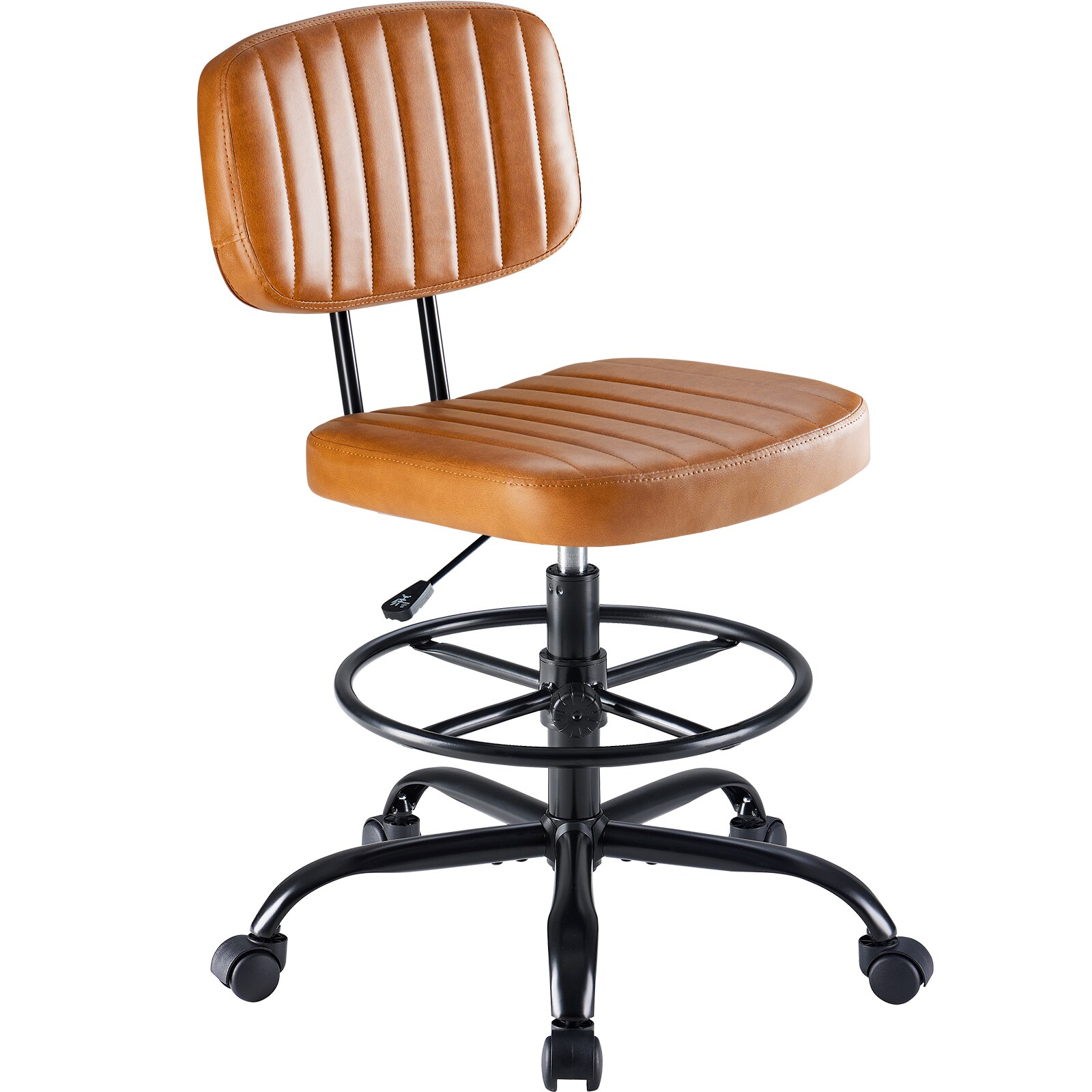 Sweetcrispy Brown PU Leather Tall Armless Swivel Drafting Office Chair with Footrest and Detachable Backrest
