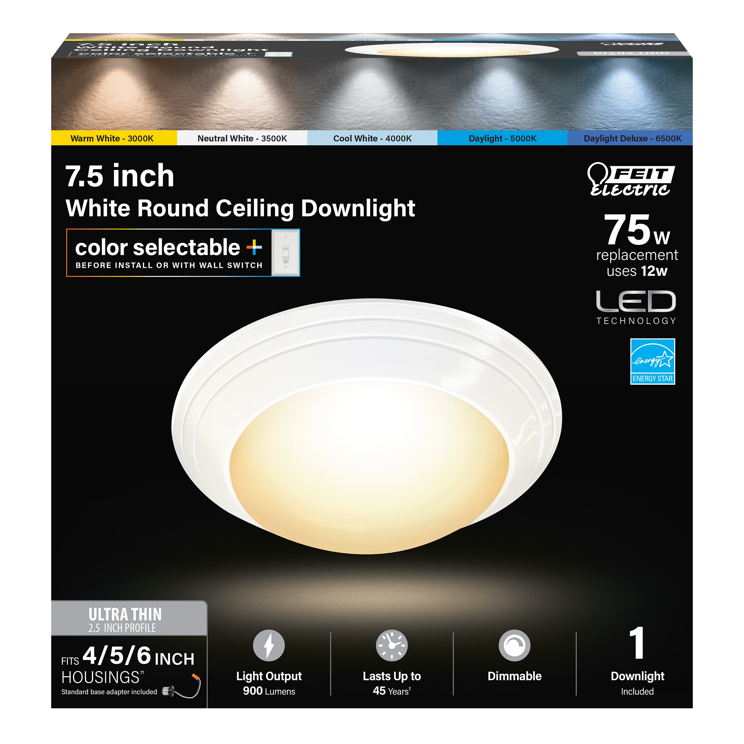 Feit Electric 74006/6WYCA 7.5Inch 12W Color Selectable Round LED White Ceiling Downlight