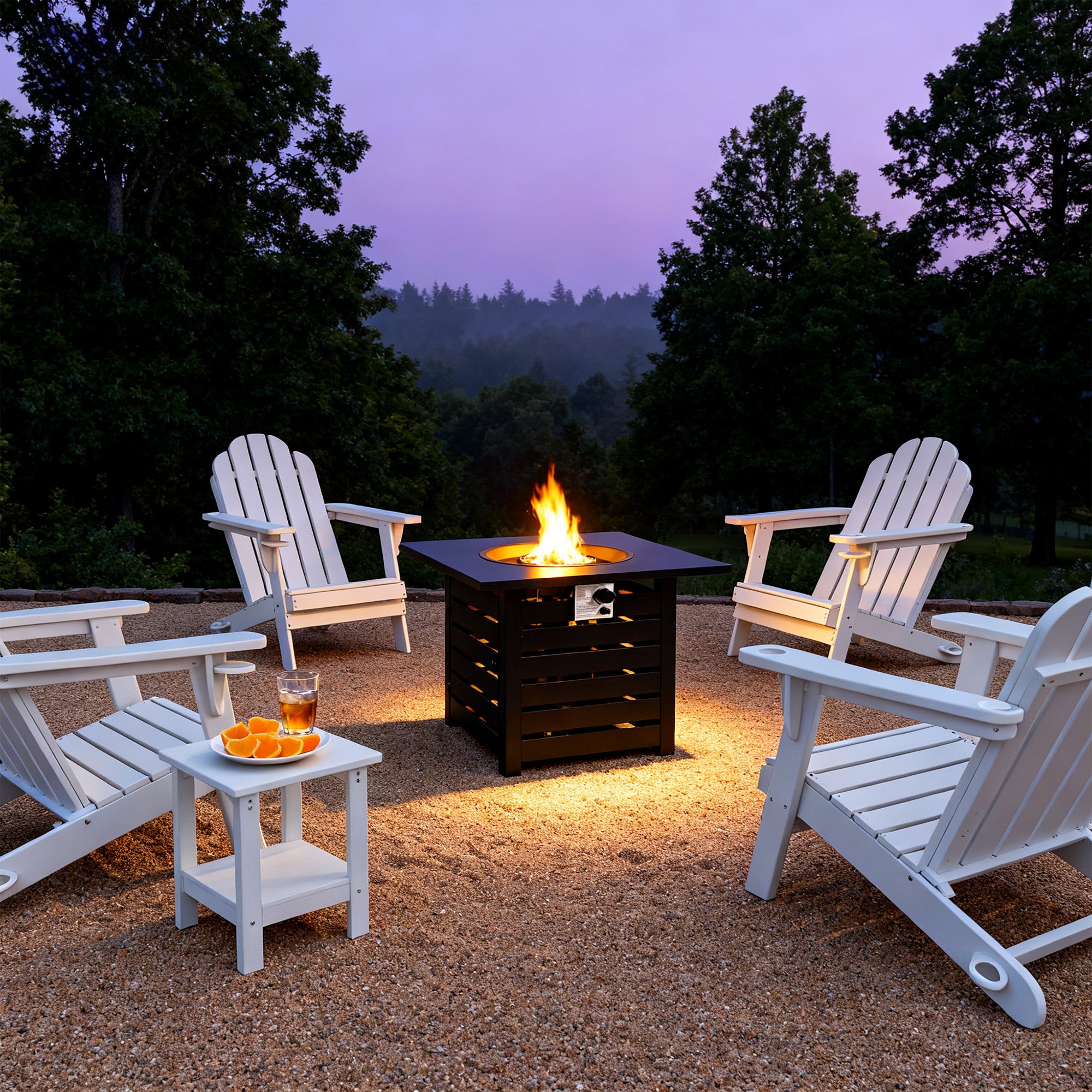 Boyel Living BL-08AWE5 Essential for Courtyard Night Talks Classic White 4 pieces HDPE Adirondack Chair and Eco Friendly Composite Fire Pit 32 inch Square 50000 BTU Full of Warmth