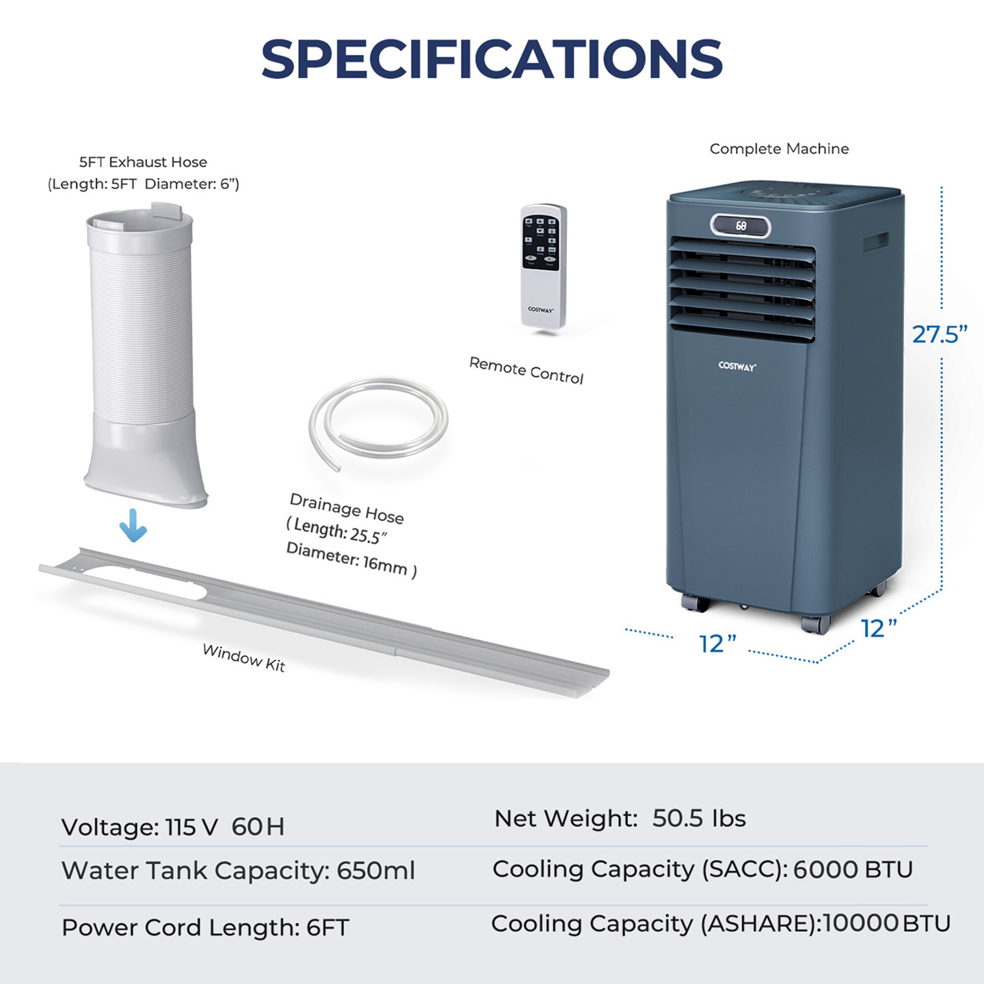 Costway 6000-BTU DOE (115-Volt) Blue Vented Portable Air Conditioner with Remote Cools 350-sq ft LWS00206 Sansujyuku sansujyuku.com